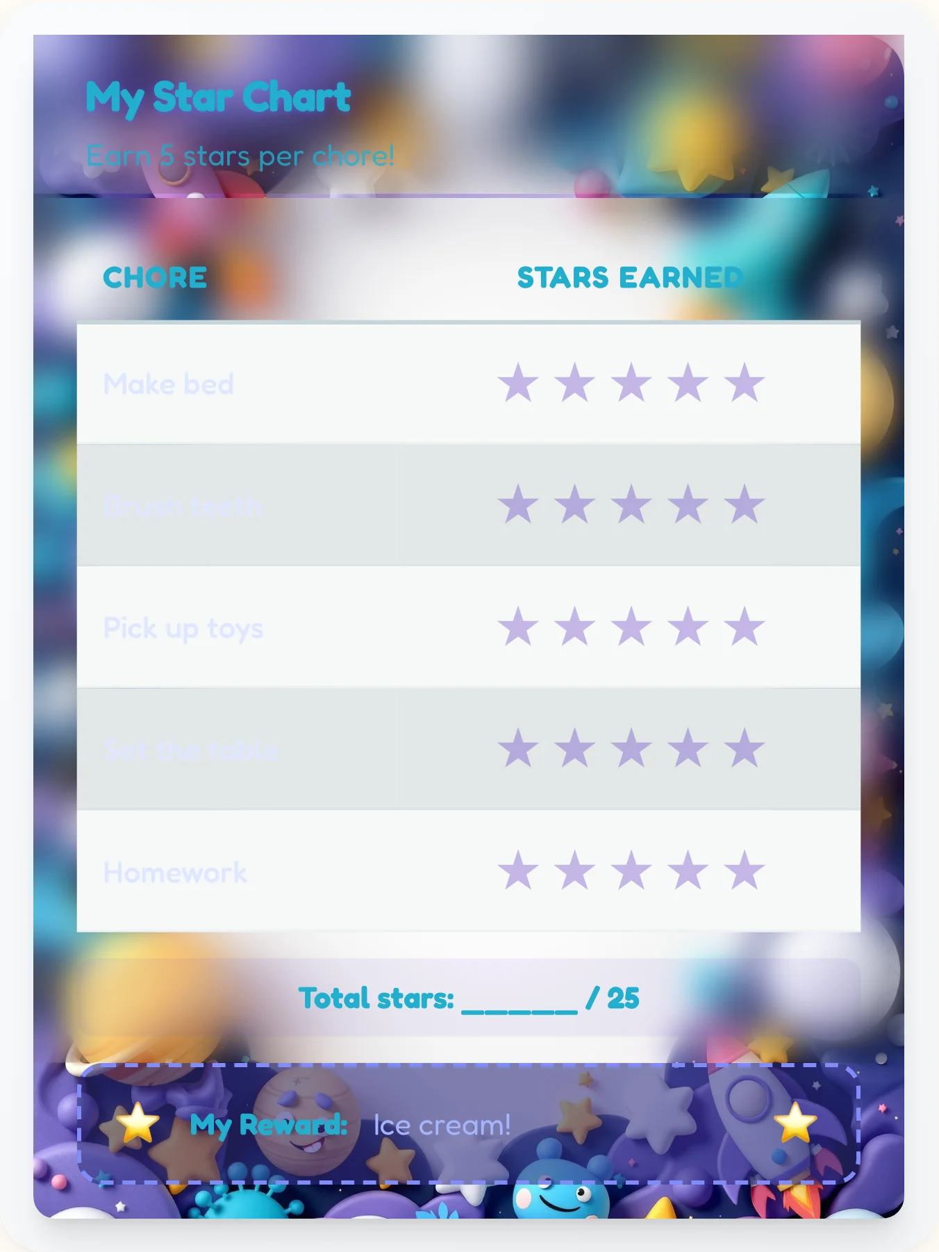 Harmony Space Star Rewards - printable space chore chart
