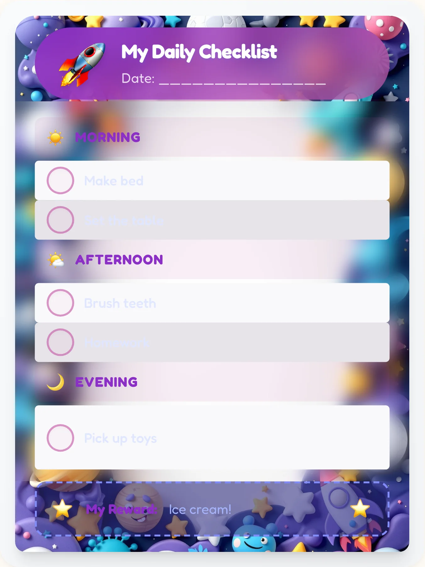 Tranquil Space Day Tracker - printable space chore chart