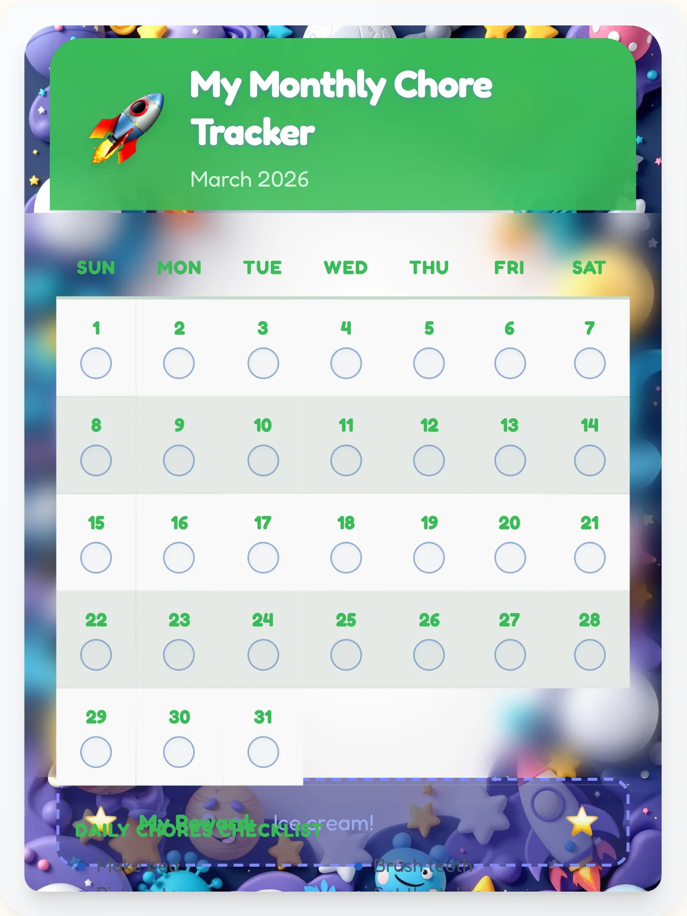 Warm Space Monthly Planner - printable space chore chart