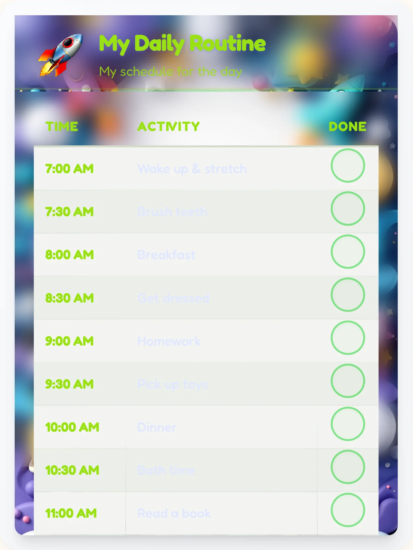Playful Space Time Planner - printable space chore chart