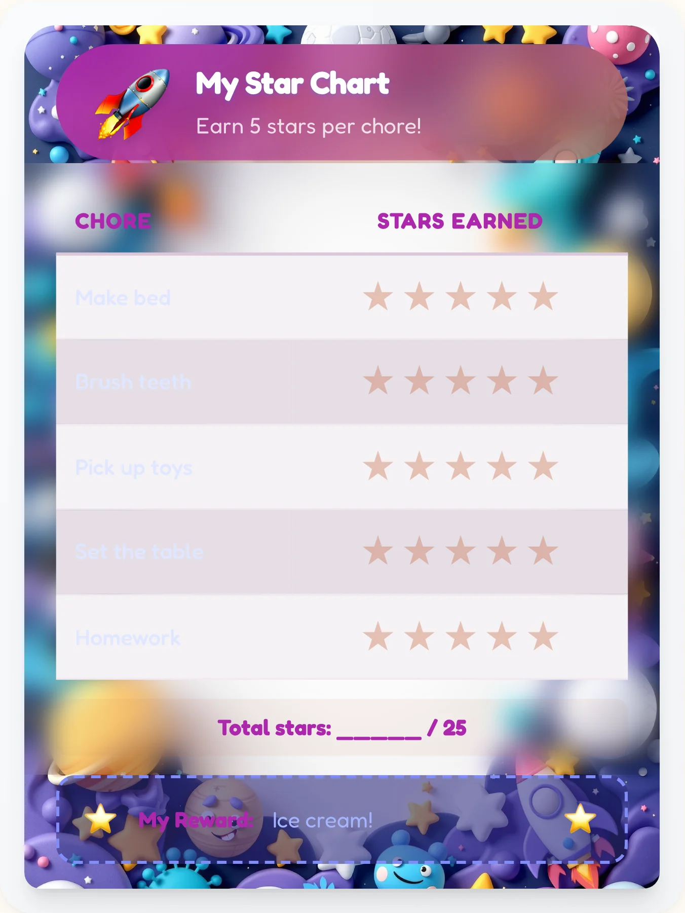 Whimsical Space Star Board - printable space chore chart