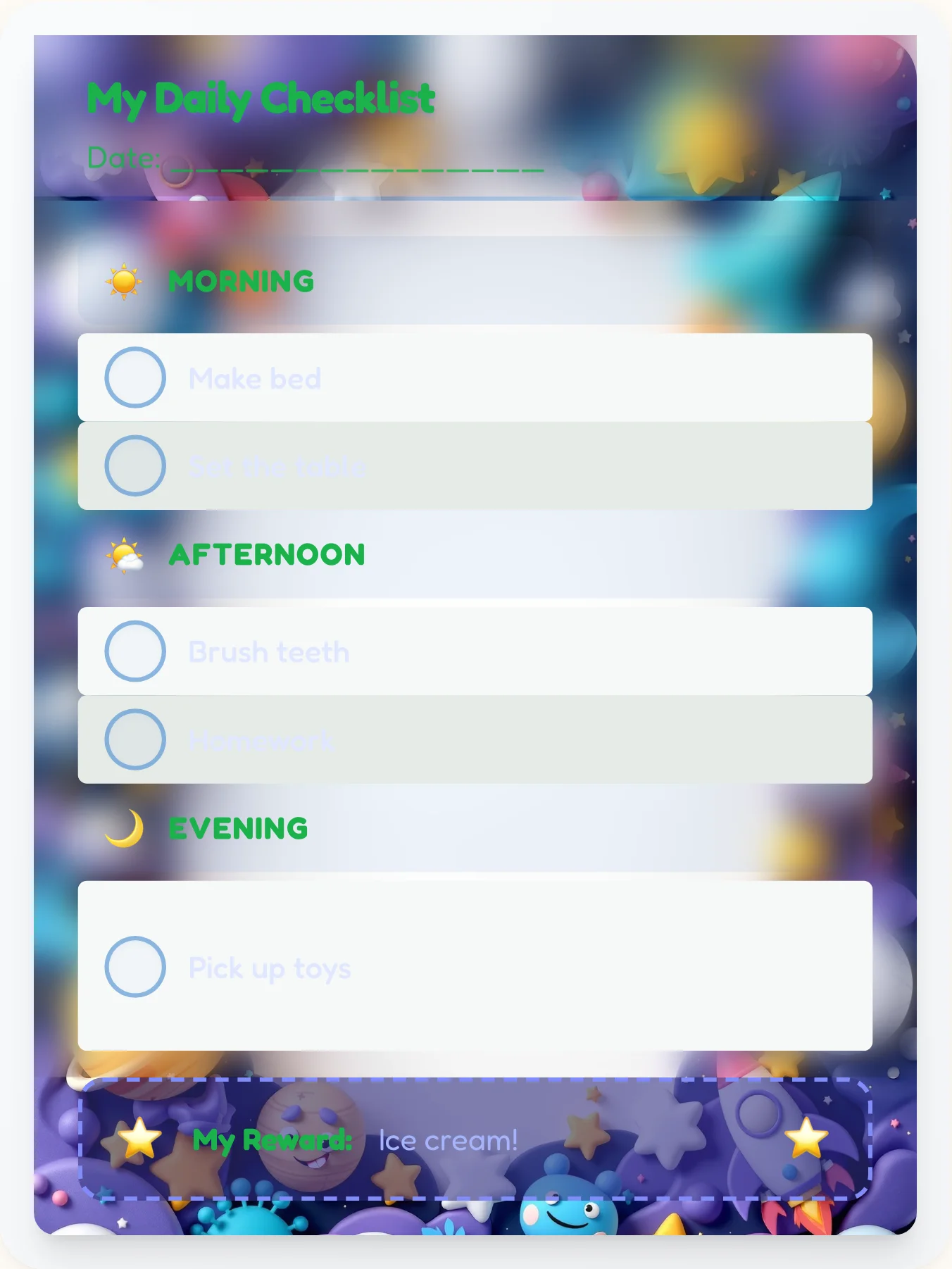 Zen Space Daily Log - printable space chore chart