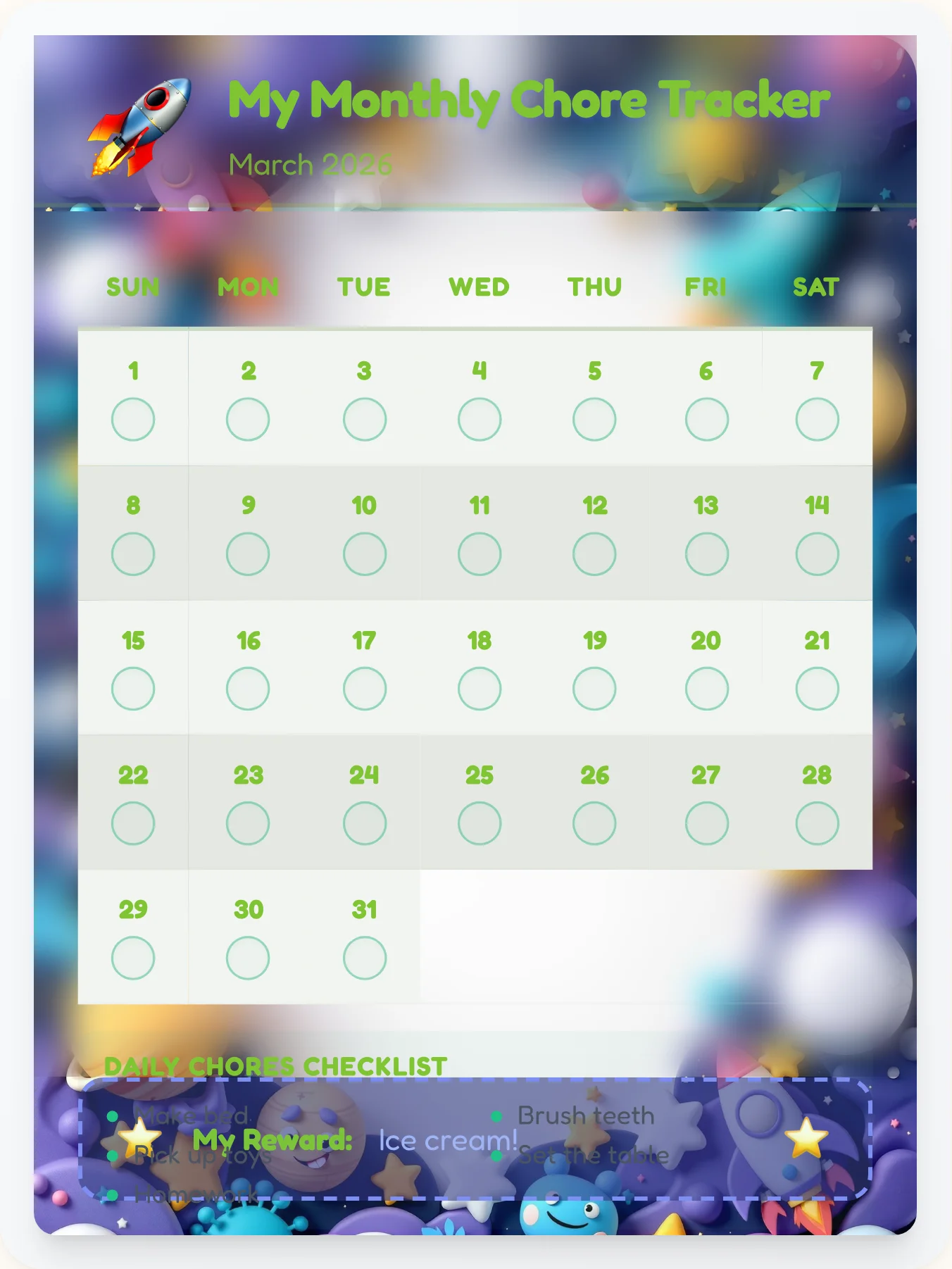 Quiet Space Calendar Chart - printable space chore chart