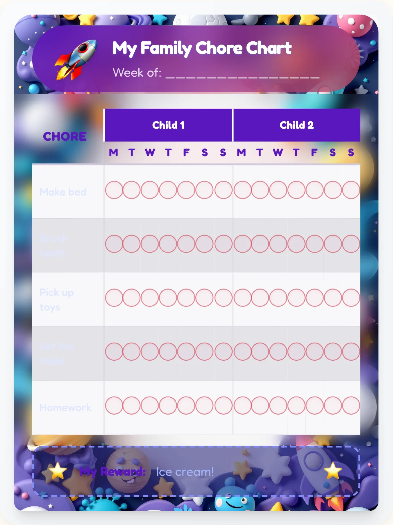 Serene Space Sibling Board - printable space chore chart