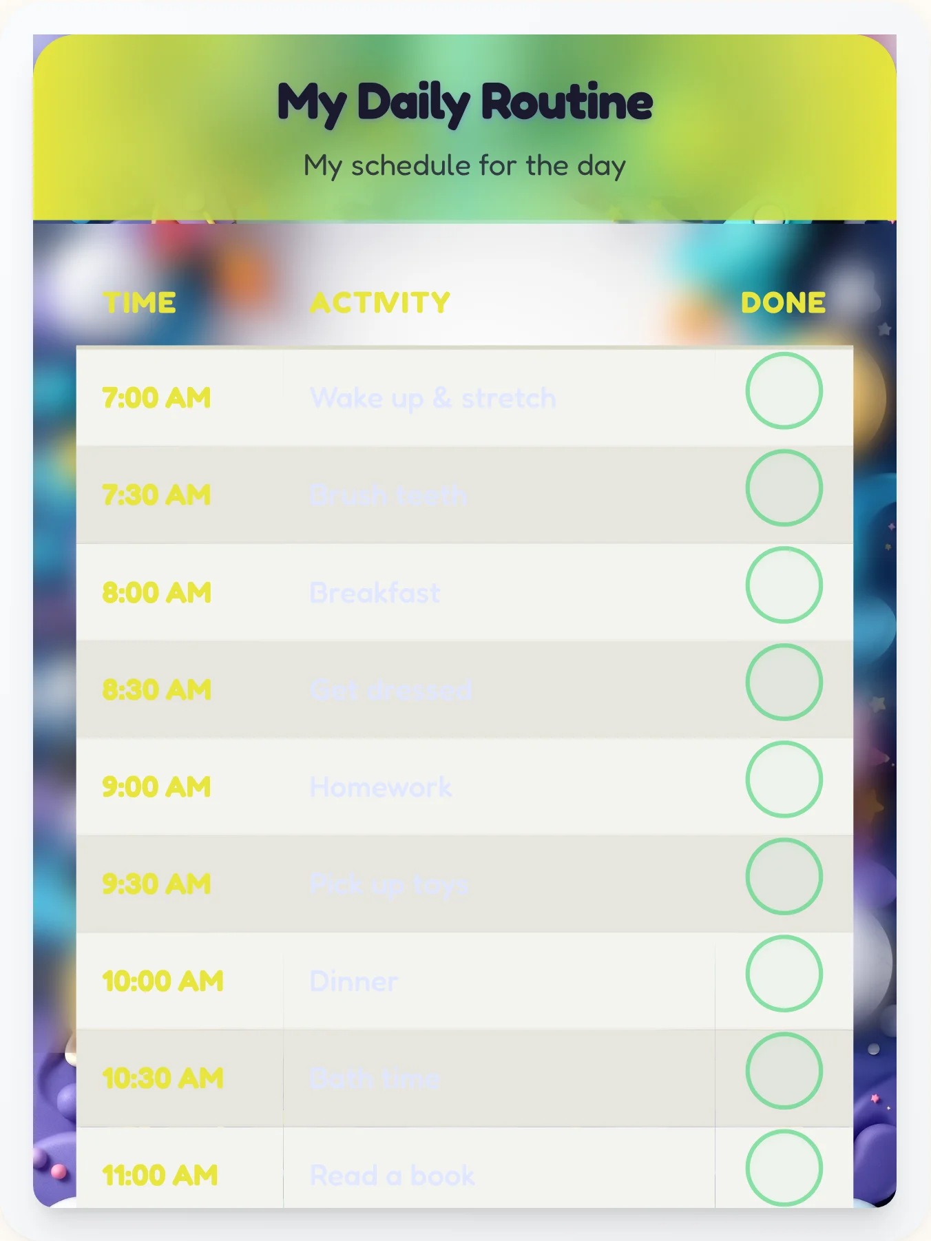 Lively Space Daily Routine - printable space chore chart