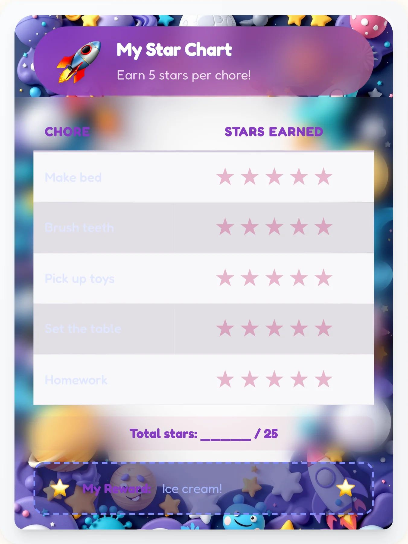 Tranquil Space Star Chart - printable space chore chart