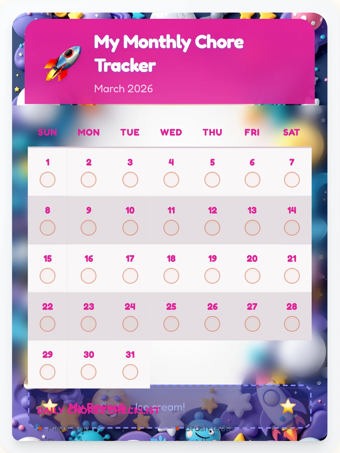 Calm Space Calendar Board - printable space chore chart