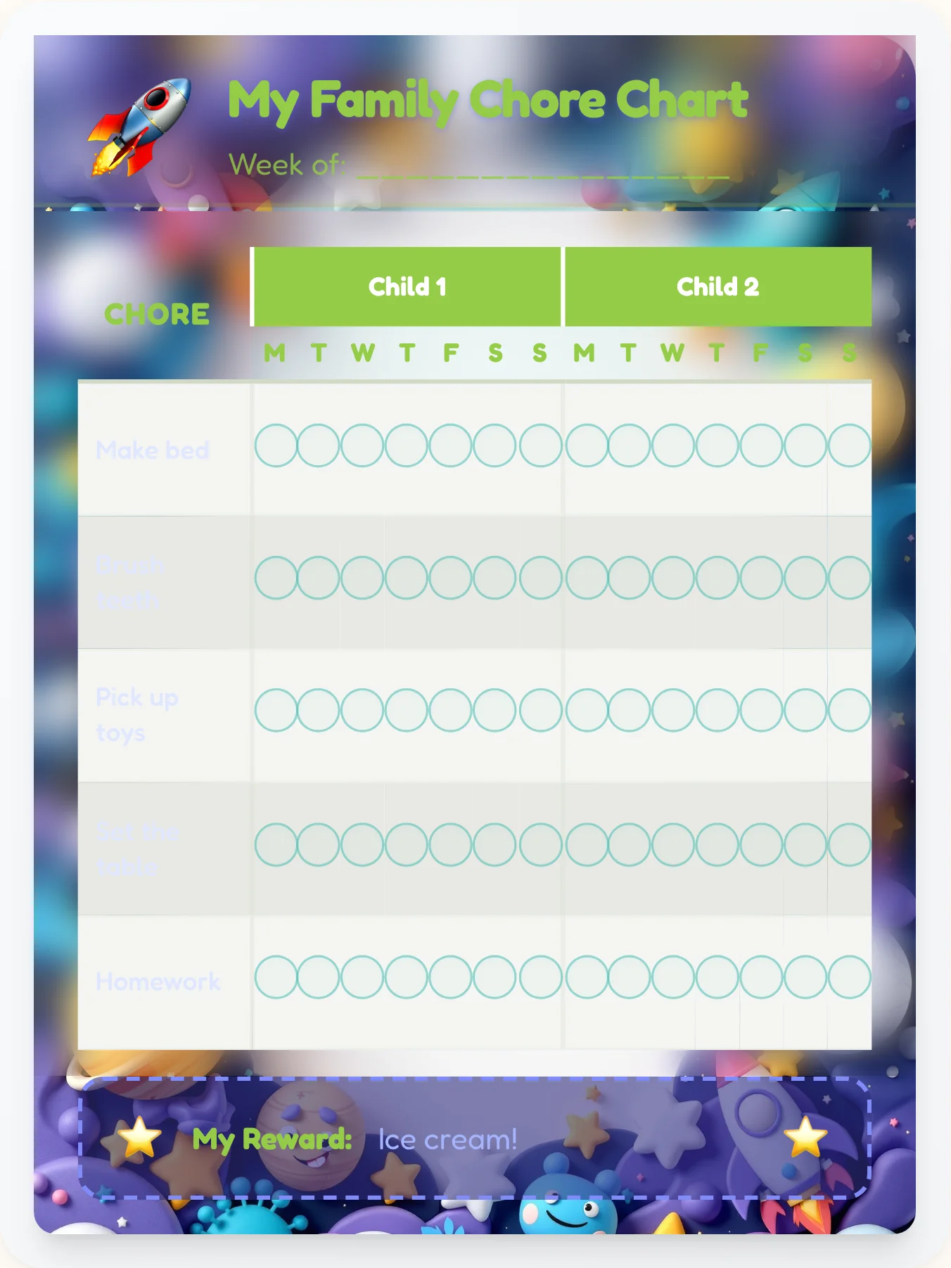 Playful Space Sibling Board - printable space chore chart