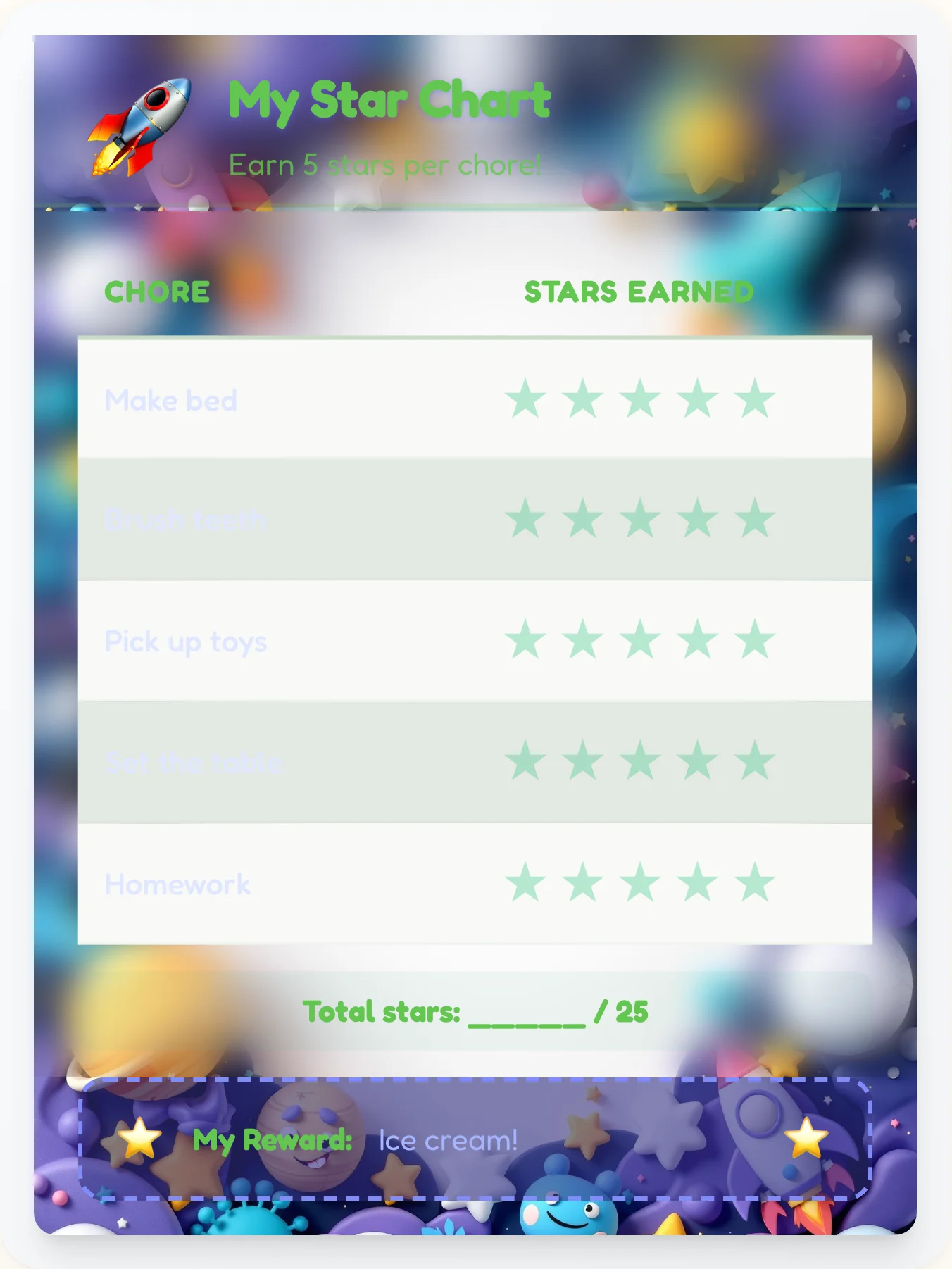 Sunny Space Star Chart - printable space chore chart