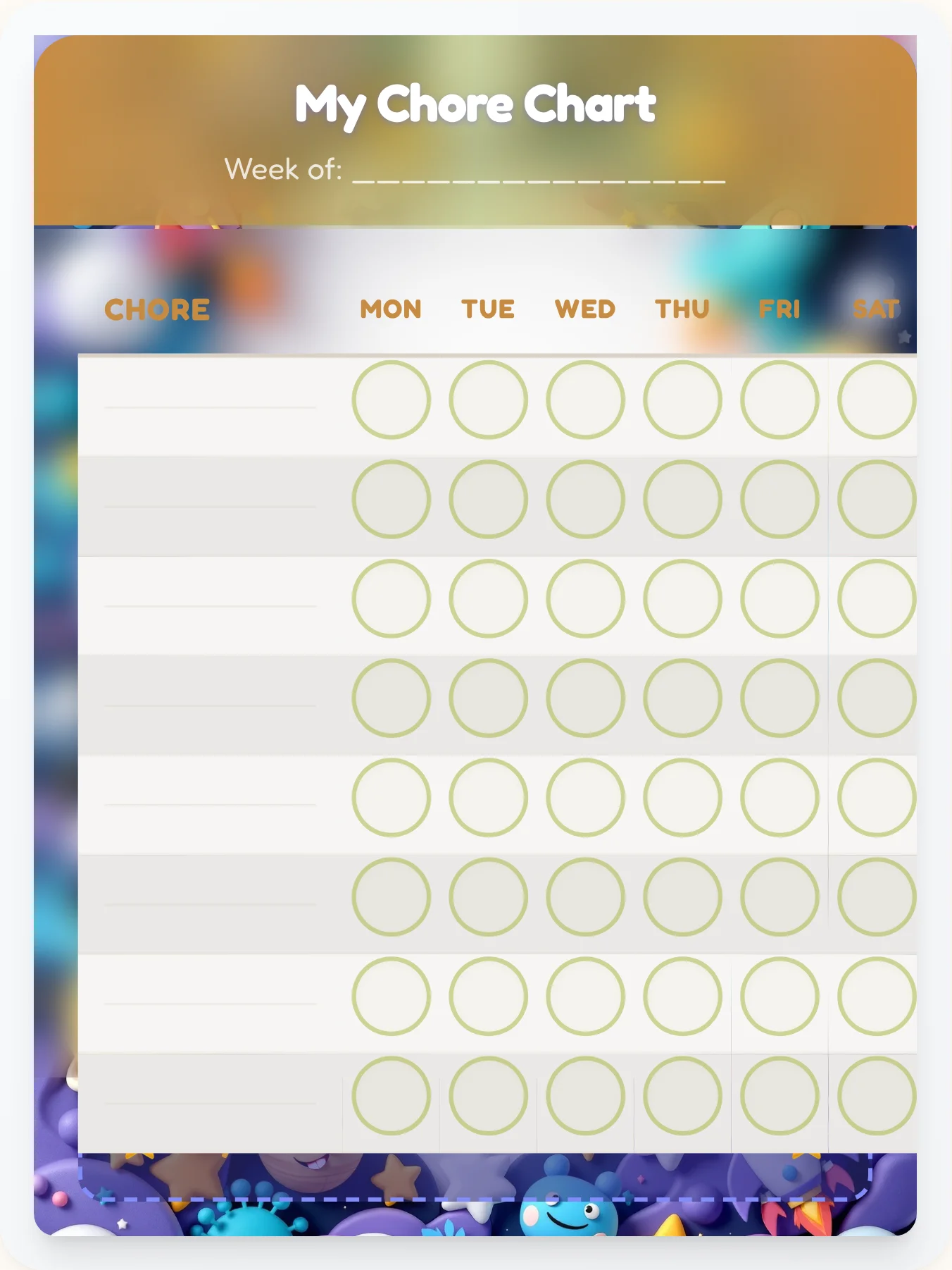 Golden Space Blank Canvas - printable space chore chart