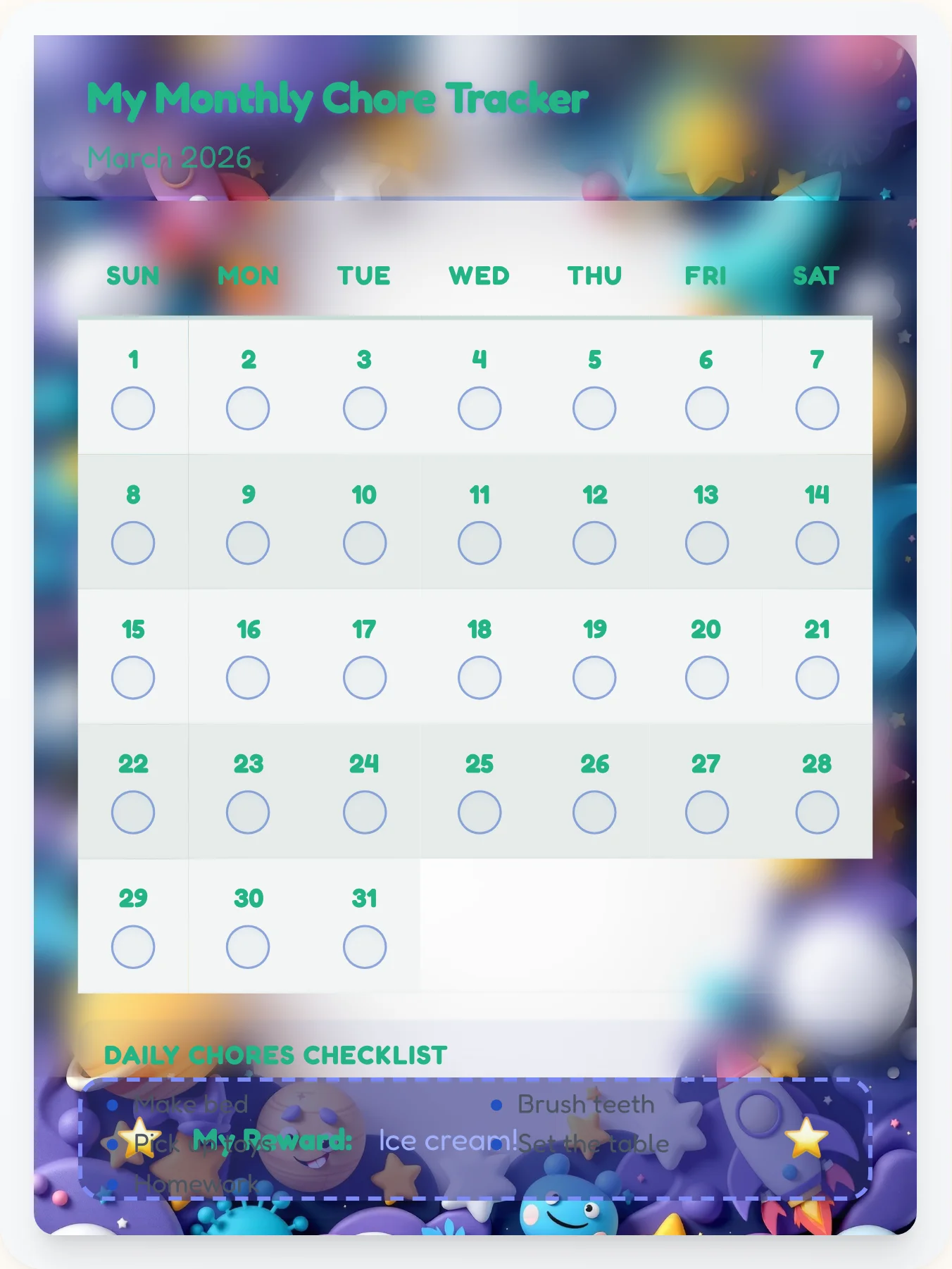 Enchanted Space Monthly Grid - printable space chore chart