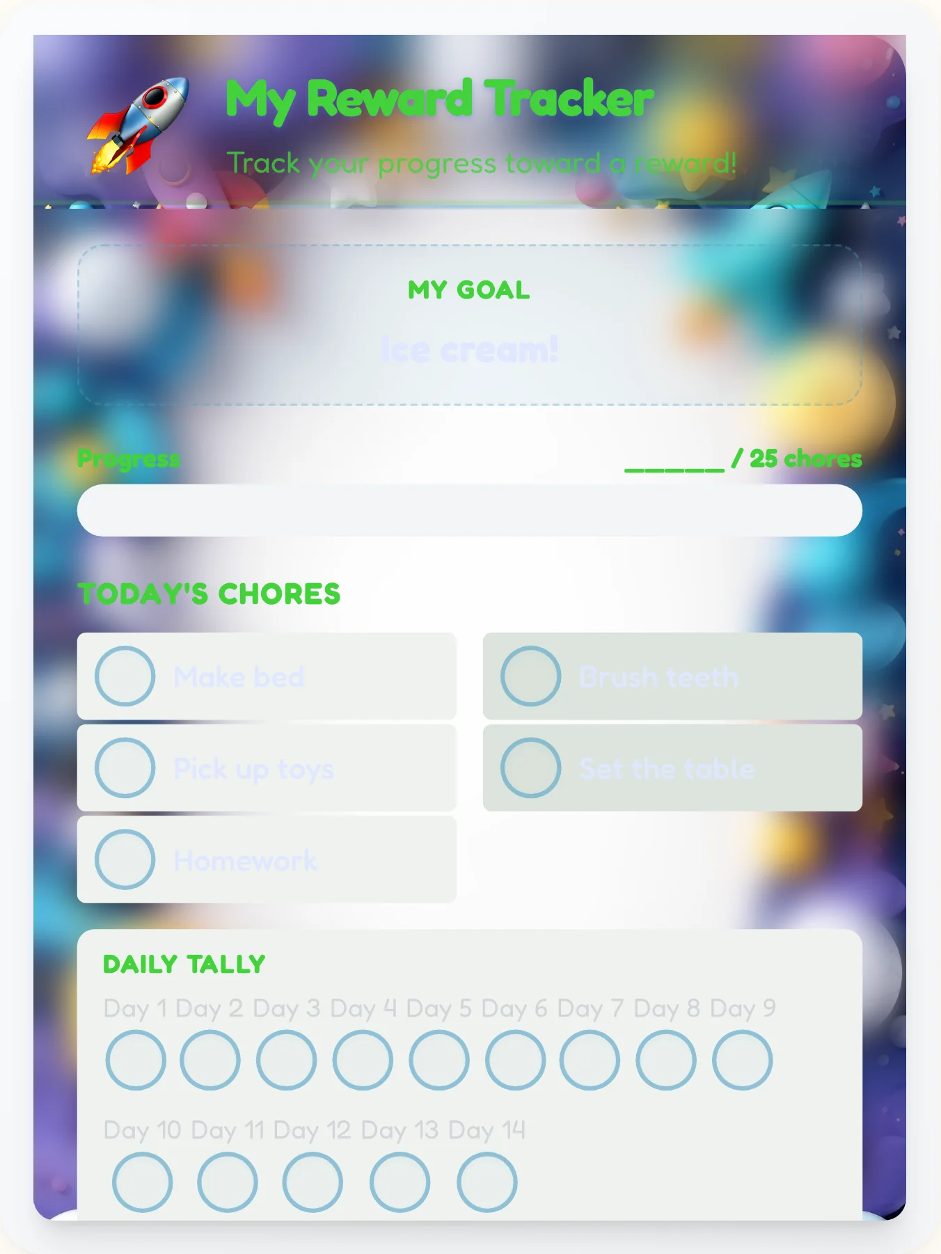 Tender Space Points Tracker - printable space chore chart