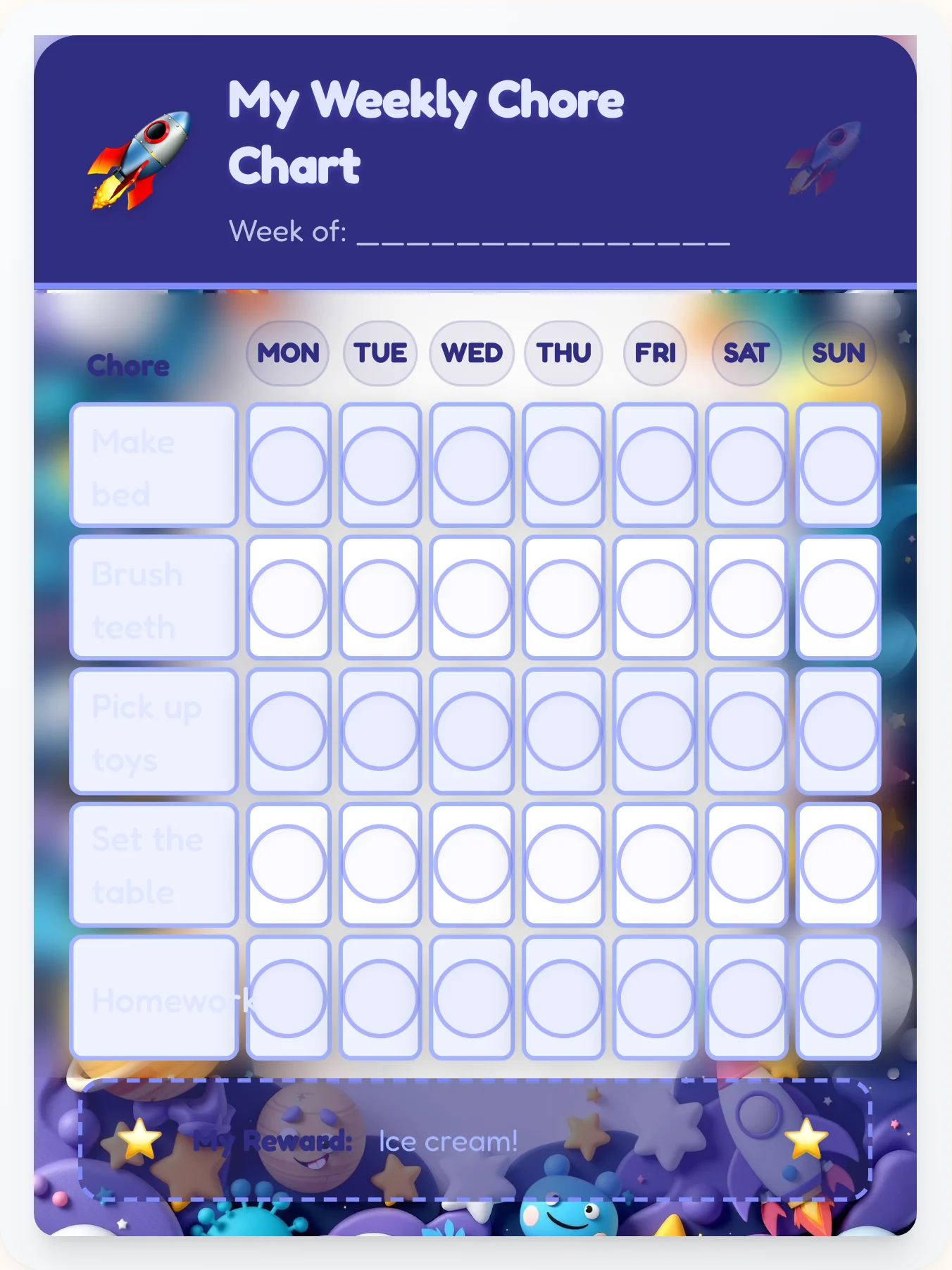 Space Chore Chart - printable space chore chart