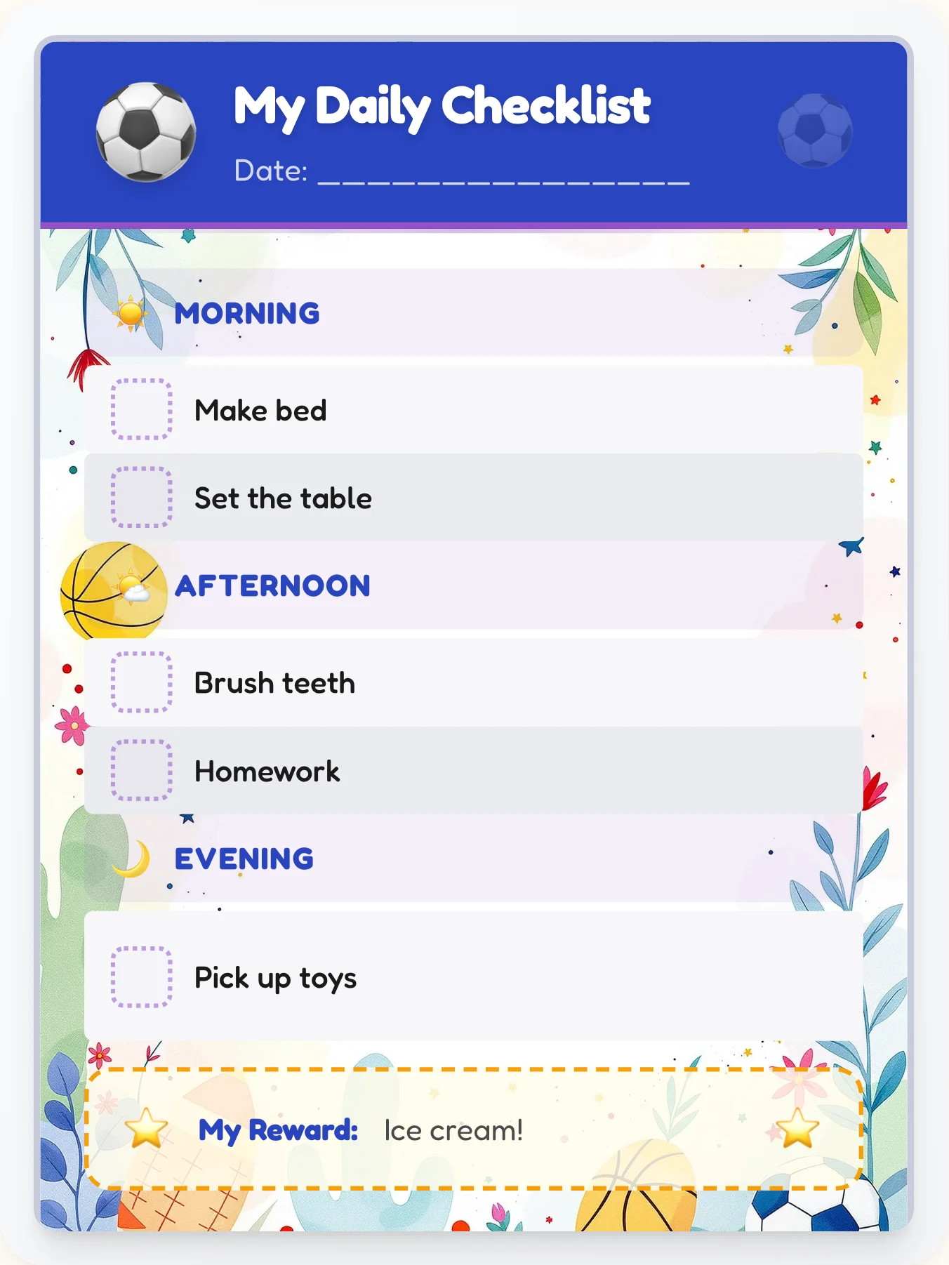 Mellow Sports Day Tracker - printable sports chore chart