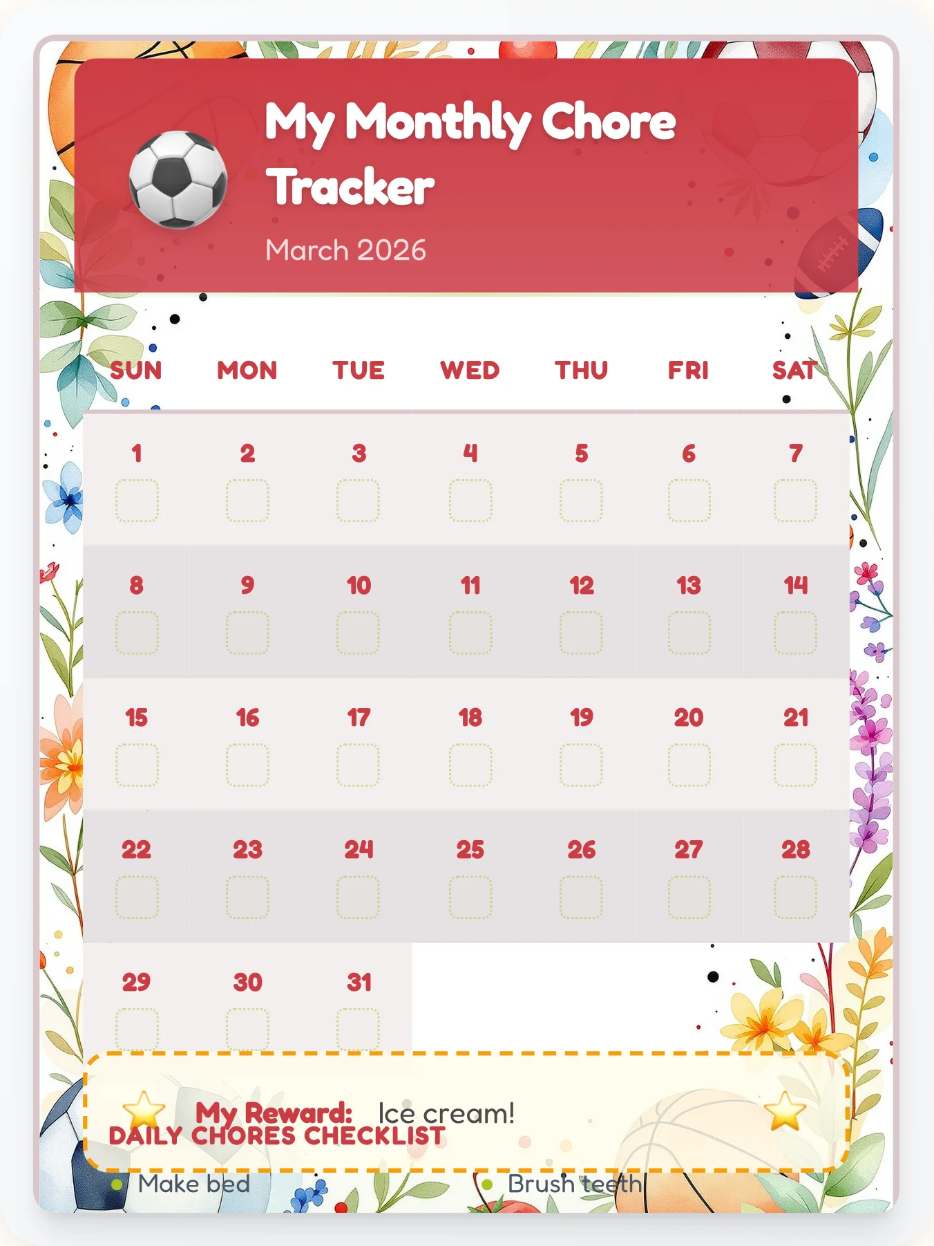 Glossy Sports Calendar Chart - printable sports chore chart