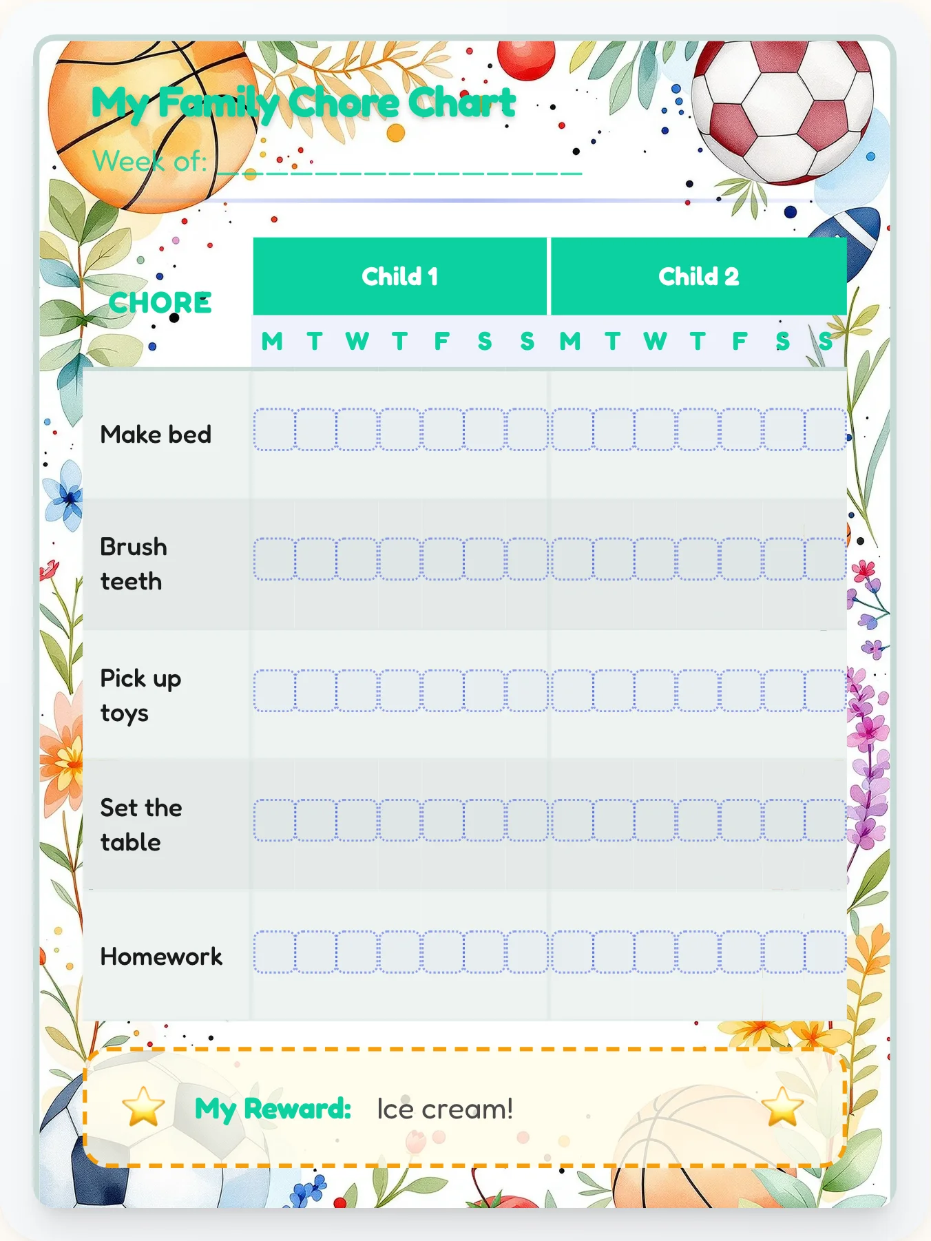 Enchanted Sports Team Chart - printable sports chore chart