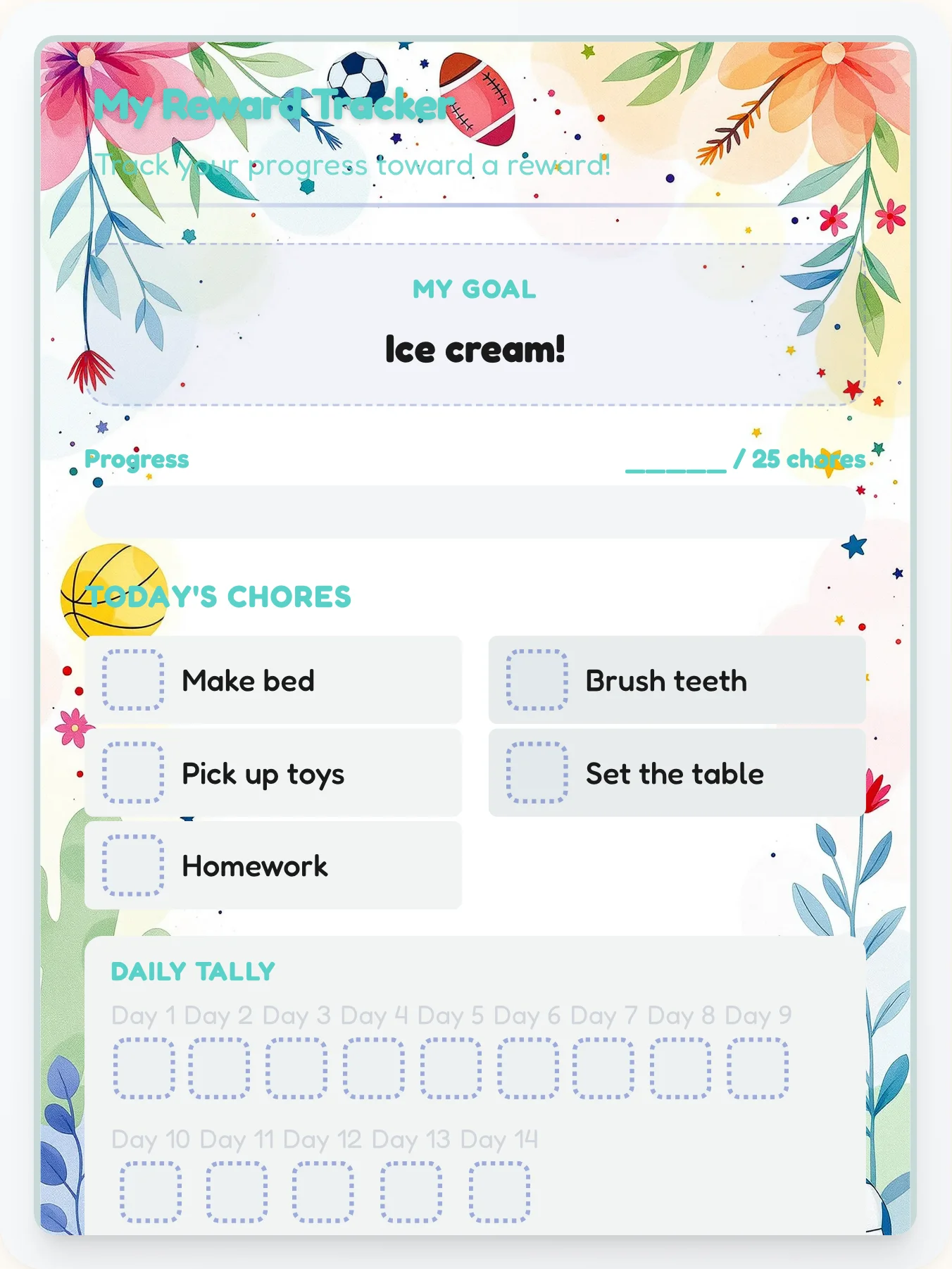 Funky Sports Prize Chart - printable sports chore chart