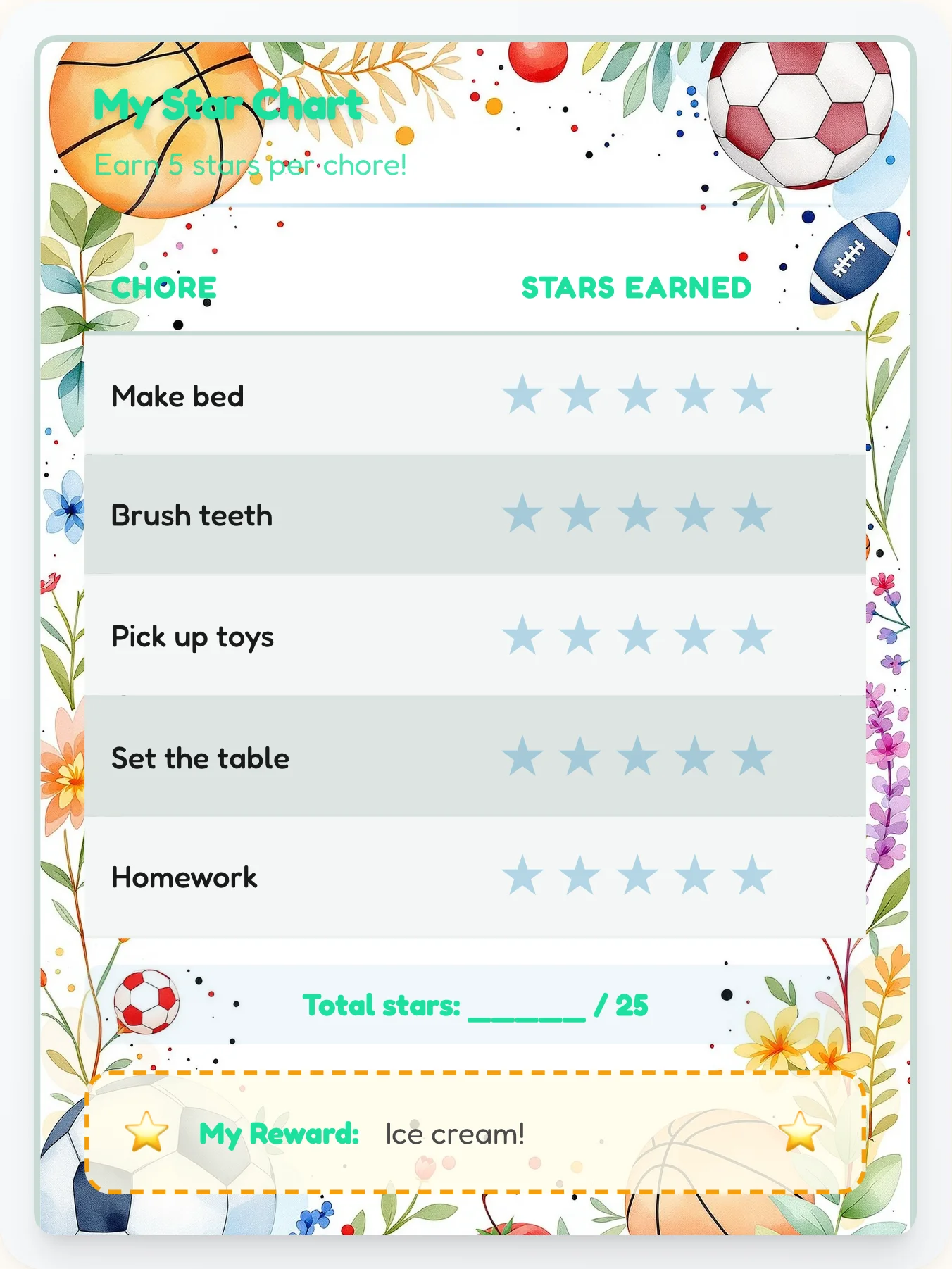 Enchanted Sports Star Rewards - printable sports chore chart