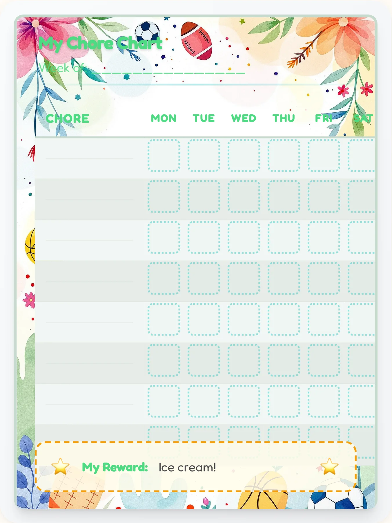 Zen Sports Free Form - printable sports chore chart