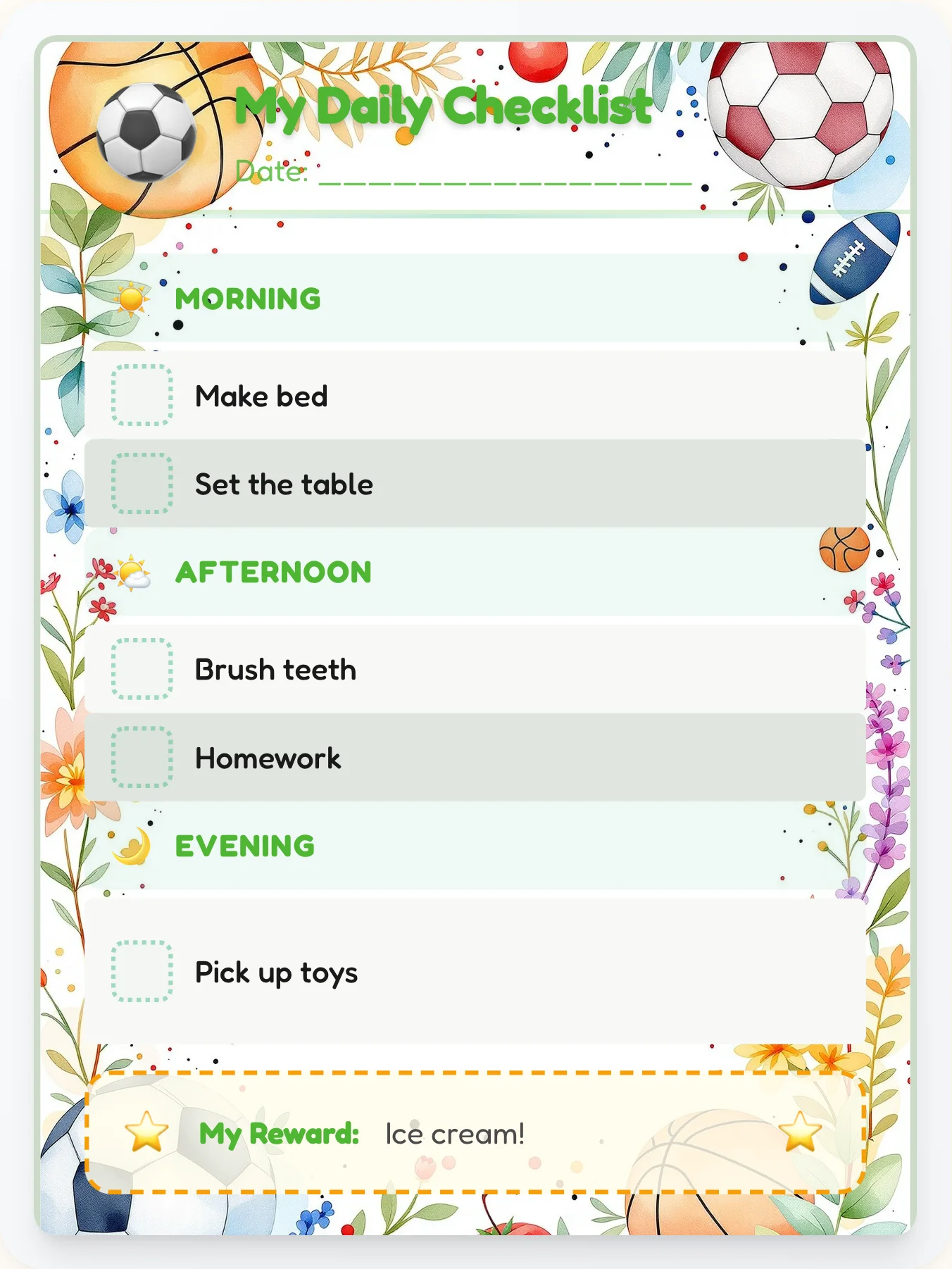 Sunny Sports Daily Planner - printable sports chore chart