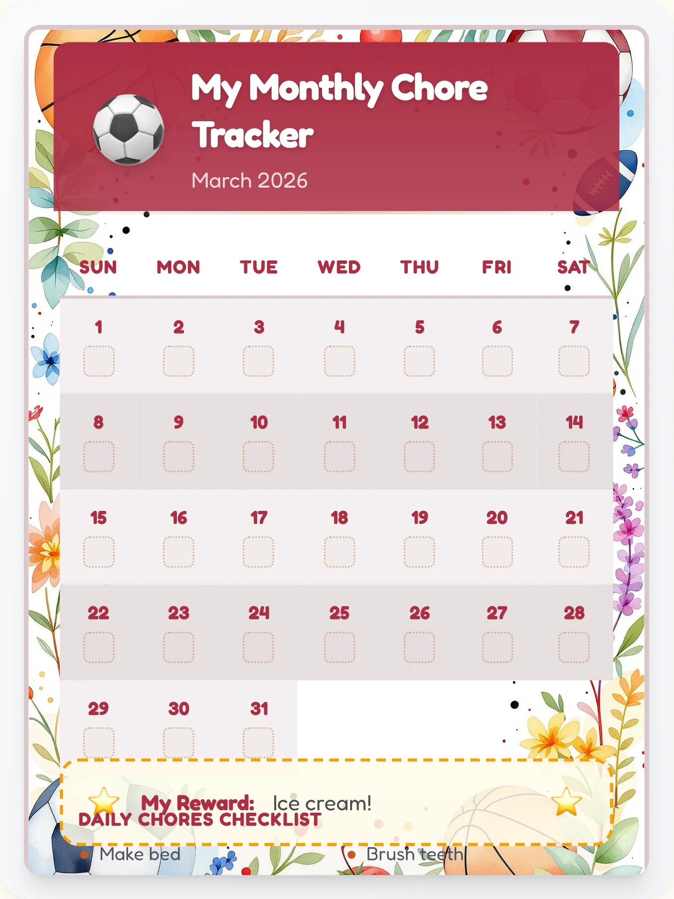 Frosty Sports Calendar Chart - printable sports chore chart