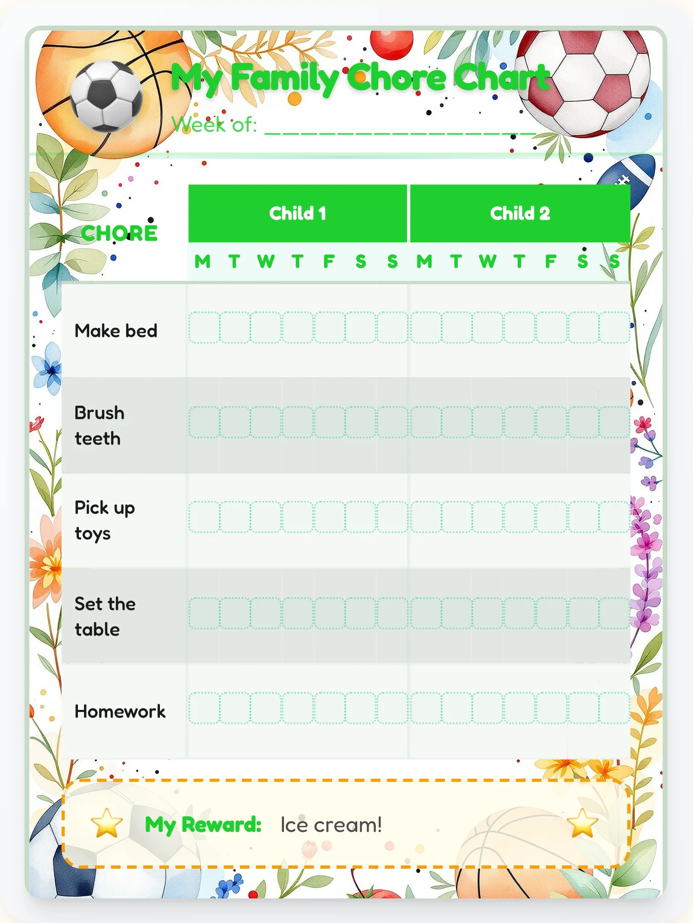 Vivid Sports Group Planner - printable sports chore chart