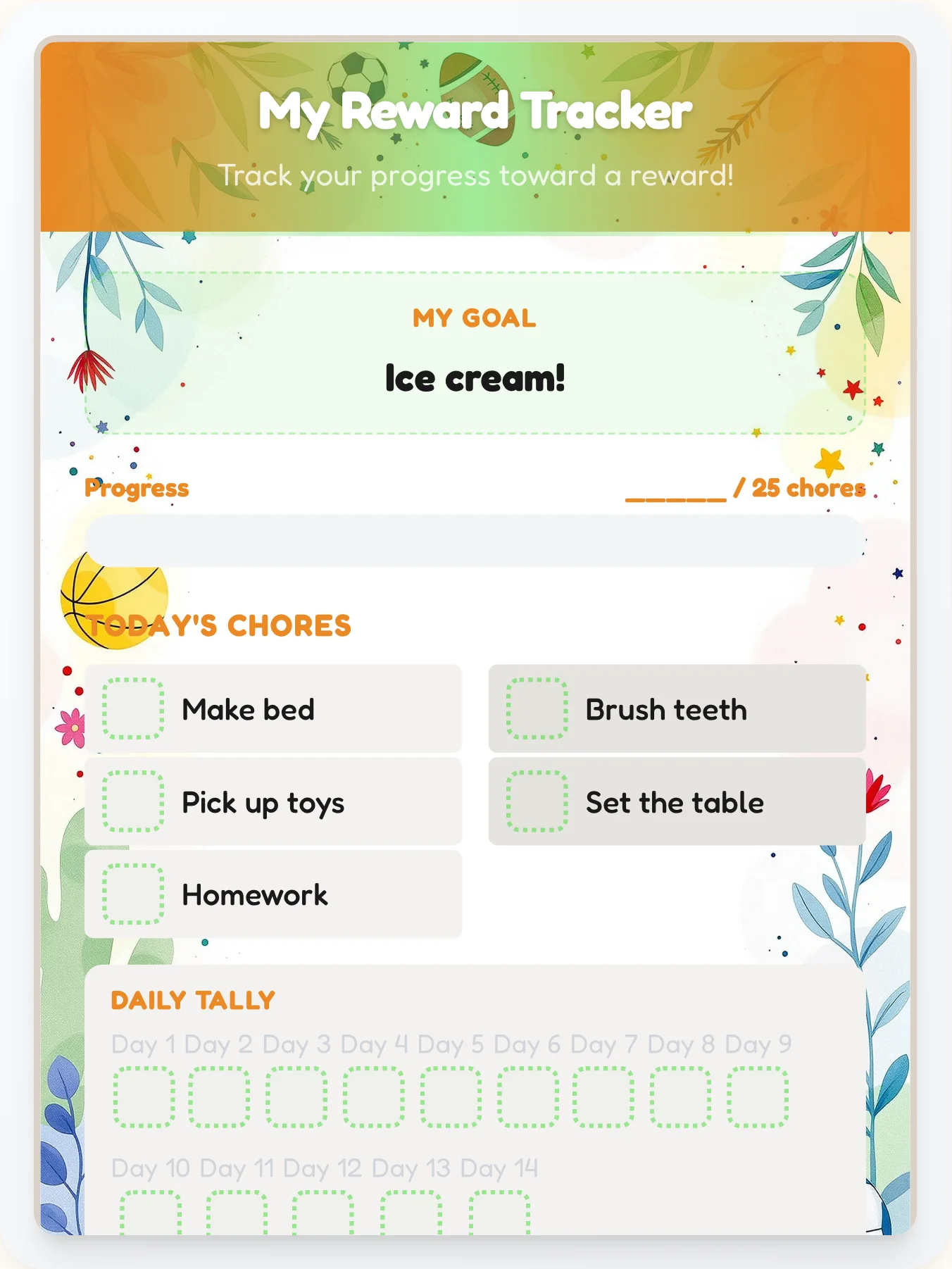 Fresh Sports Points Tracker - printable sports chore chart