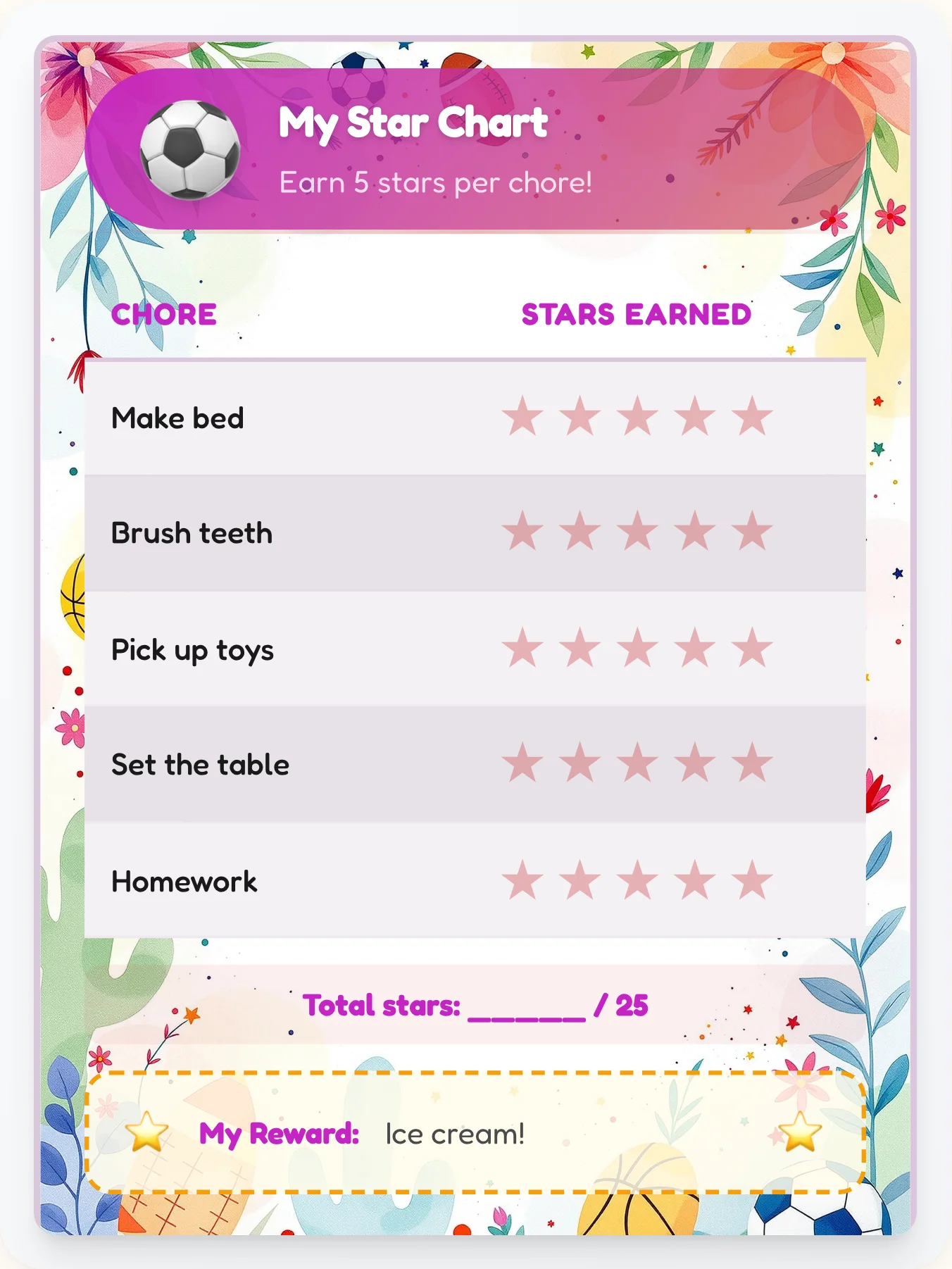 Whimsical Sports Gold Stars - printable sports chore chart