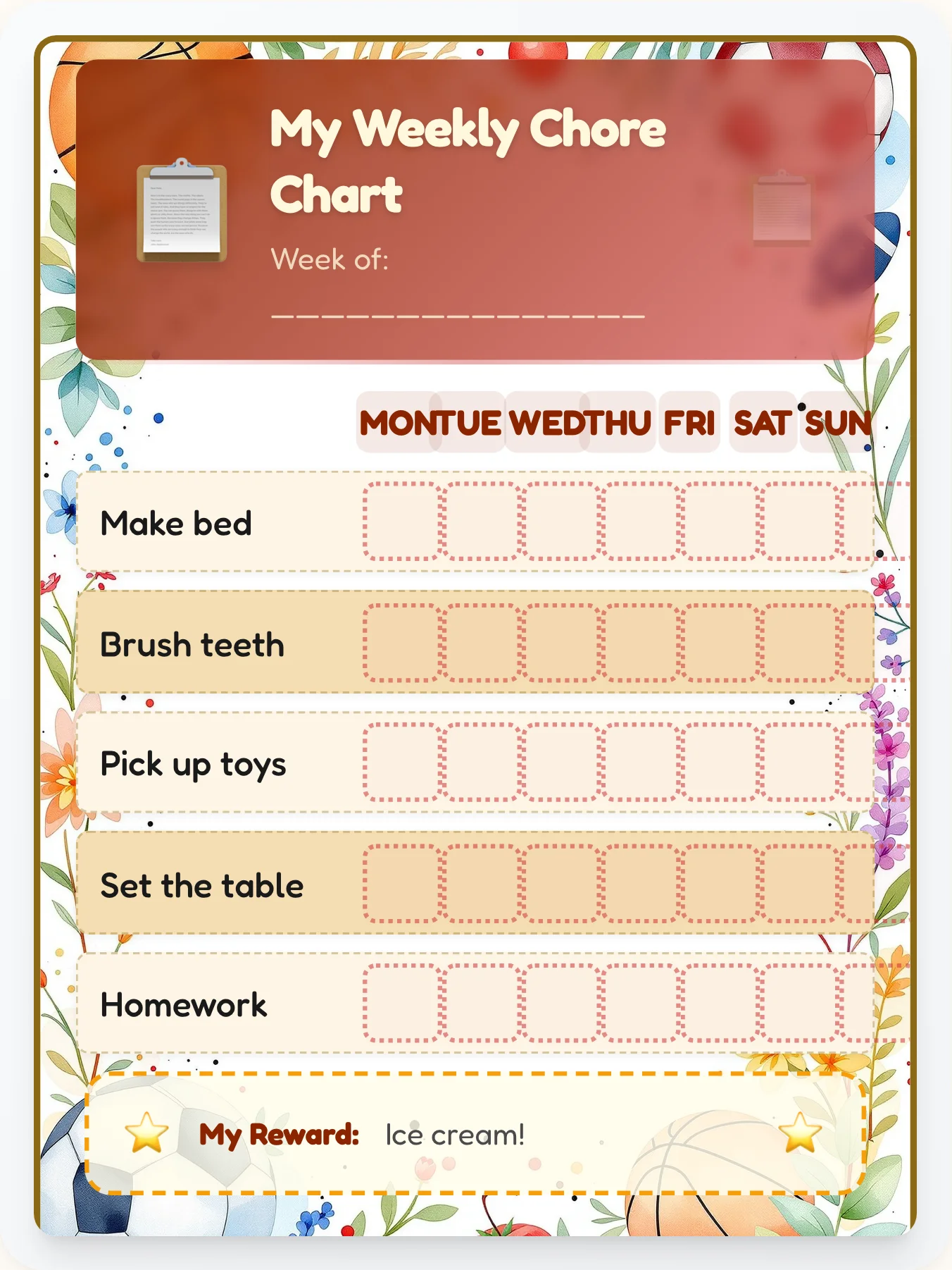 Game Day Scrapbook Chore Chart - printable sports chore chart