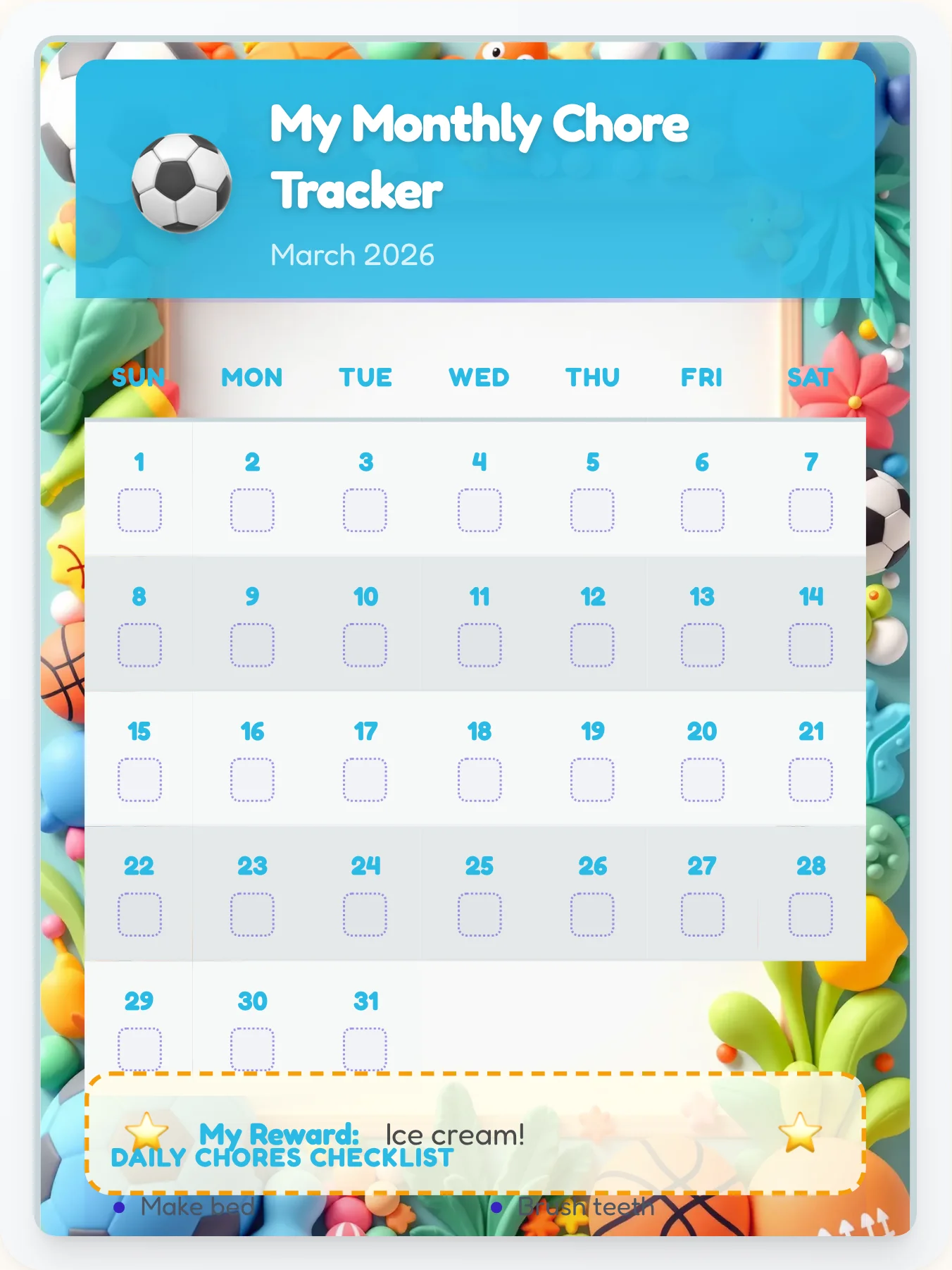 Hazy Sports Monthly Grid - printable sports chore chart