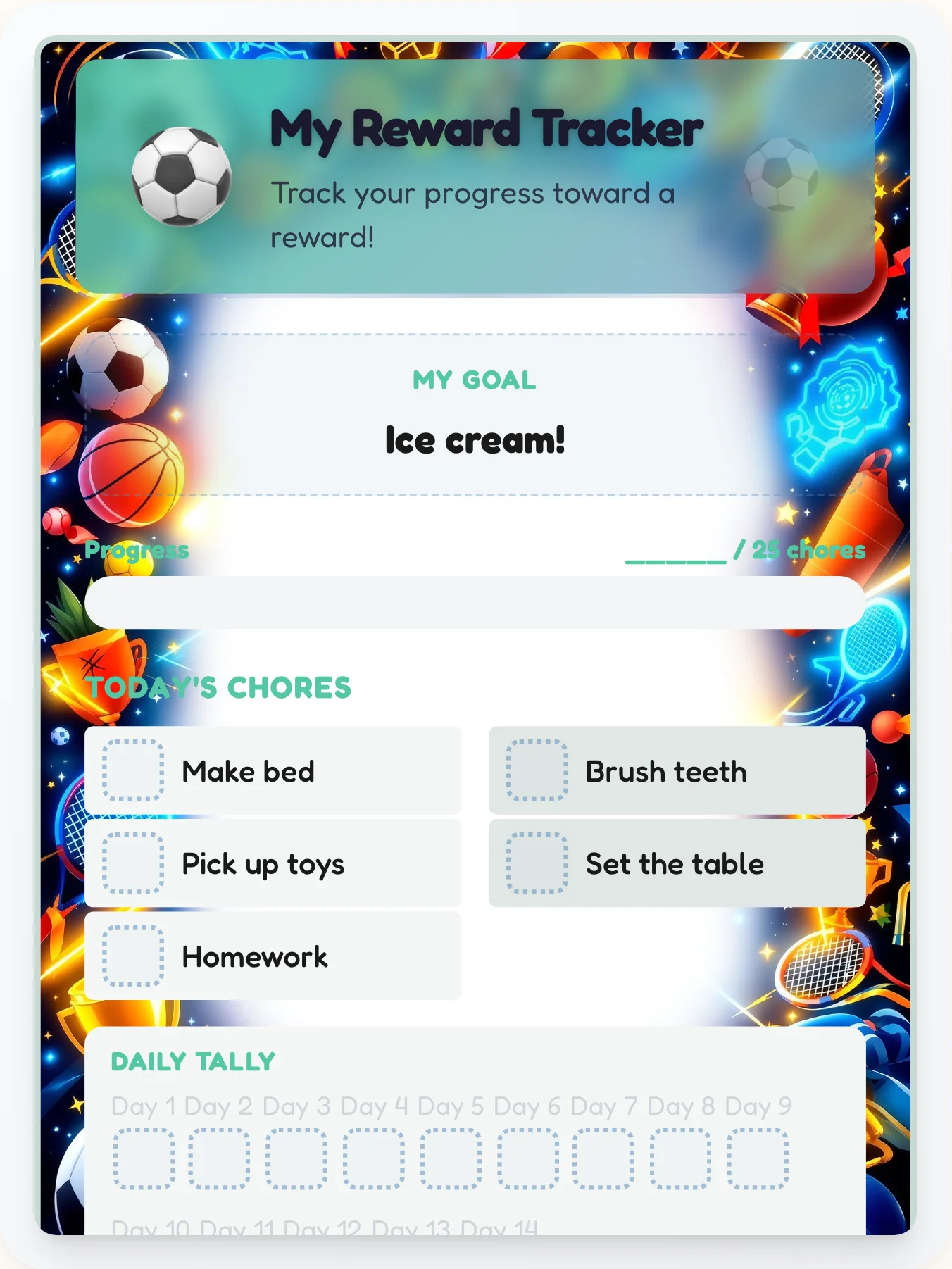 Enchanted Sports Reward Board - printable sports chore chart