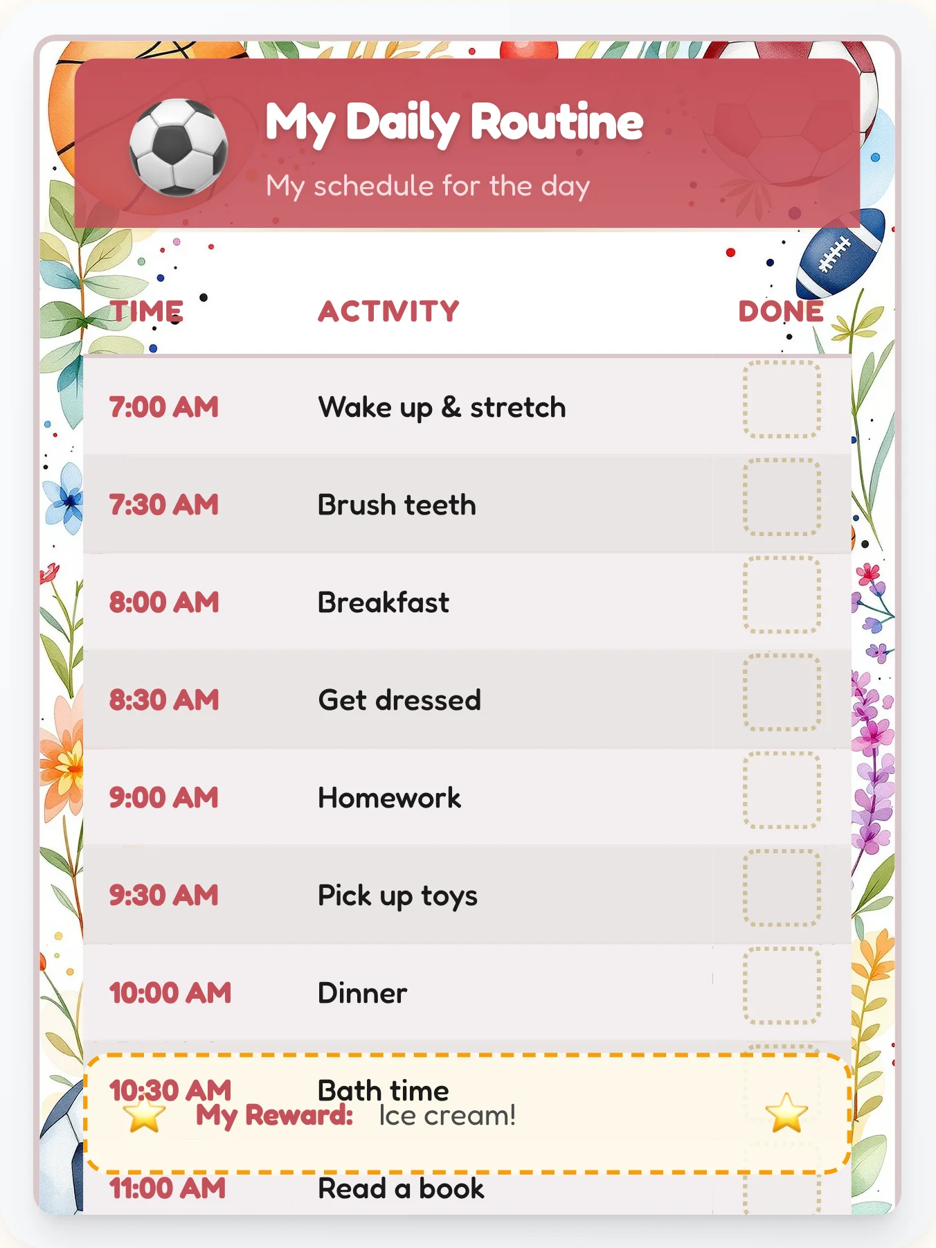 Glossy Sports Routine Board - printable sports chore chart