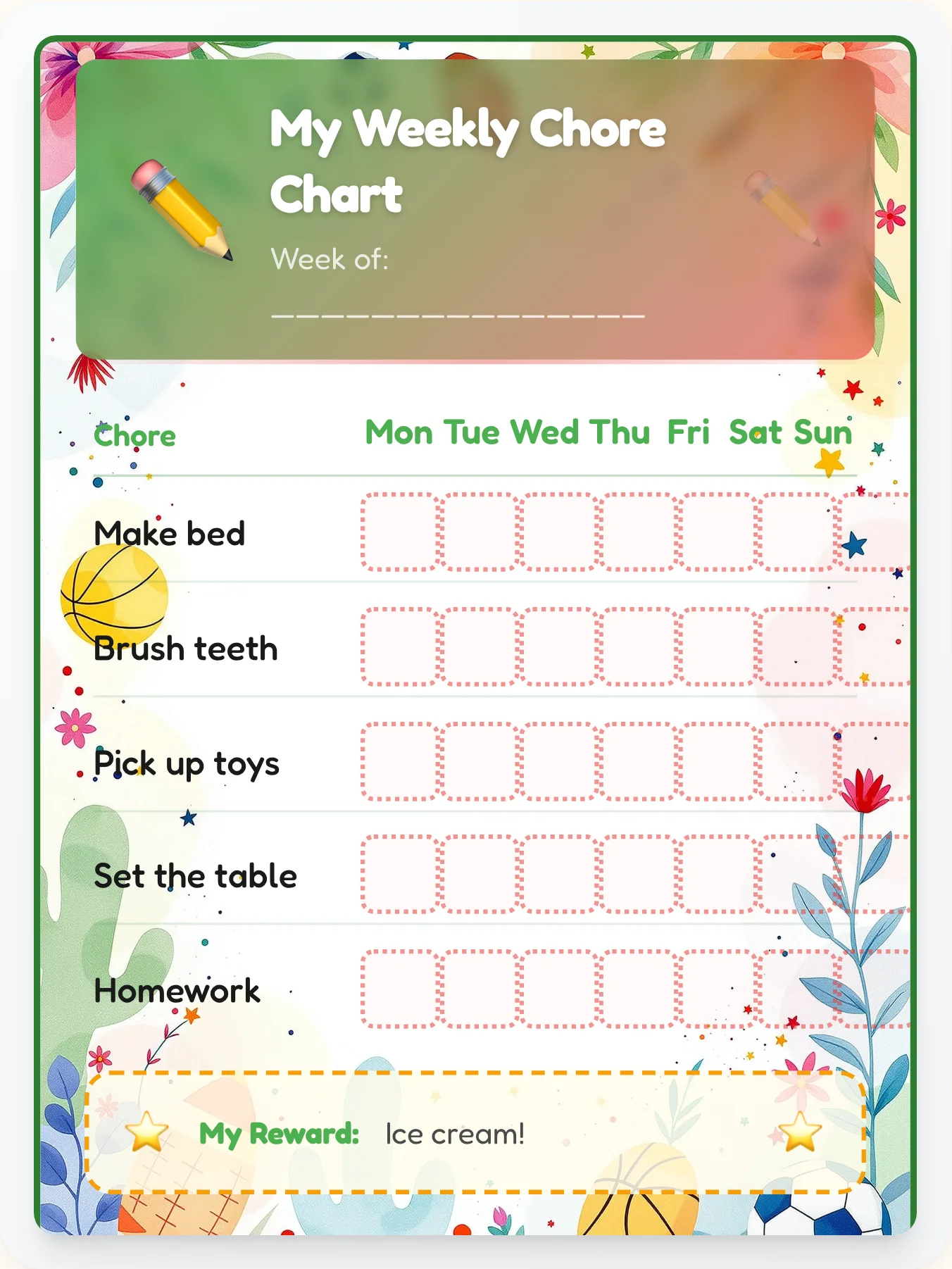 Sideline Scribbles Chore Chart - printable sports chore chart