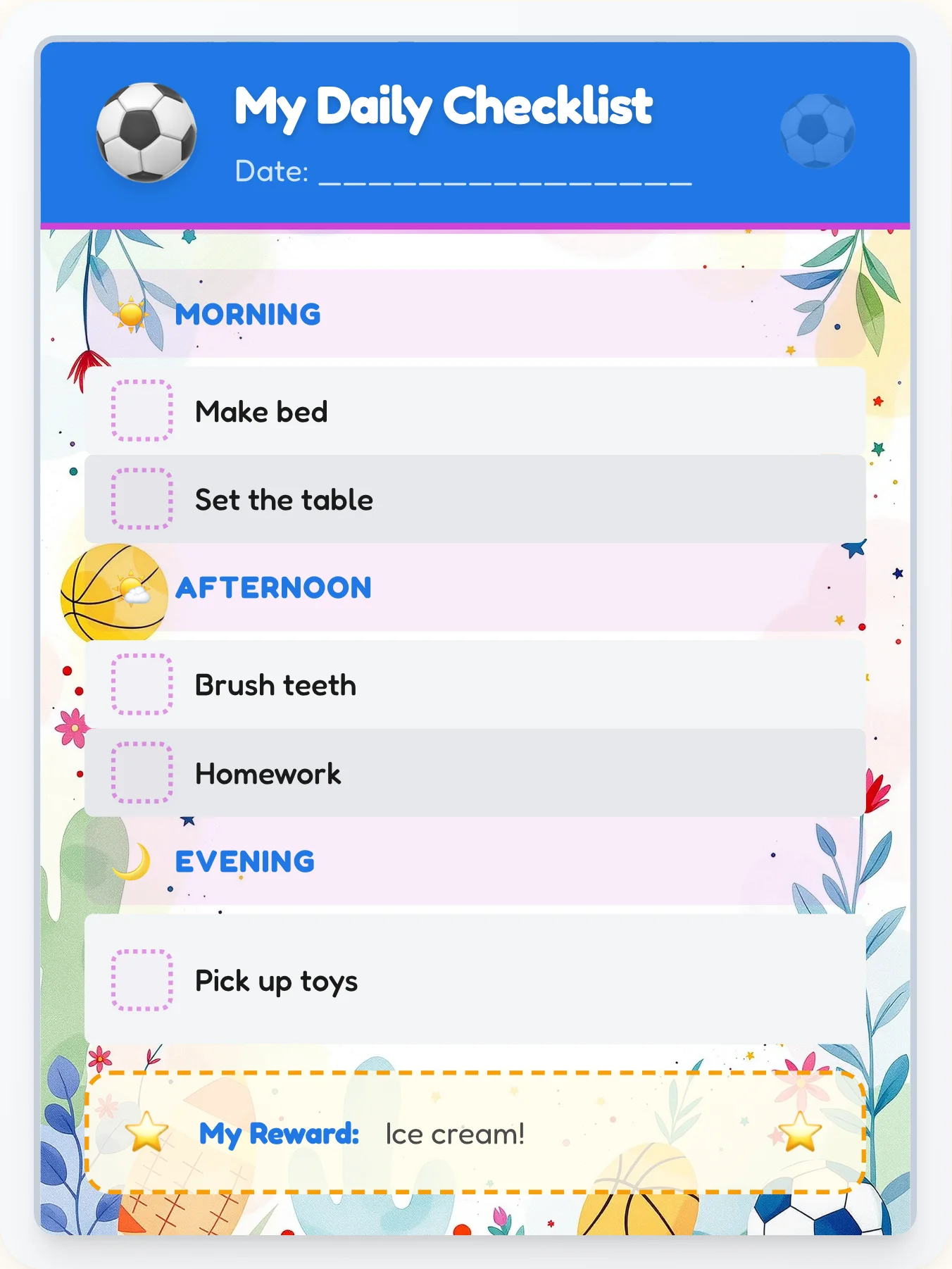 Kind Sports Day Tracker - printable sports chore chart