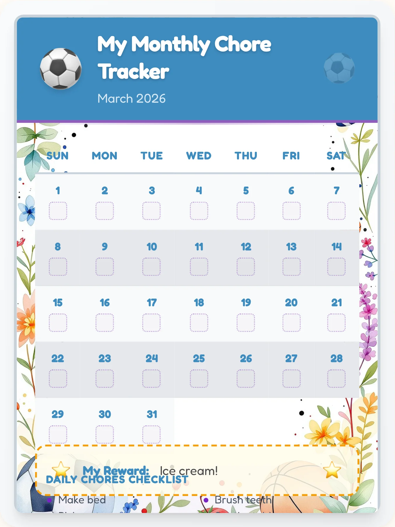 Joyful Sports Monthly Planner - printable sports chore chart