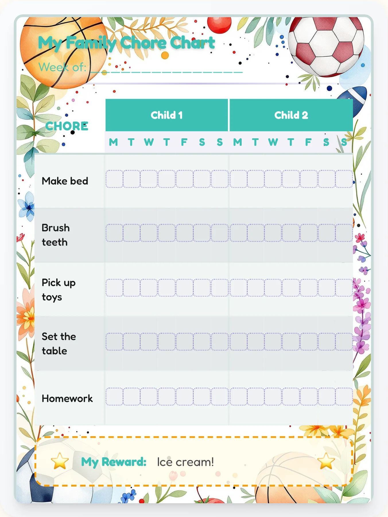 Funky Sports Family Chart - printable sports chore chart