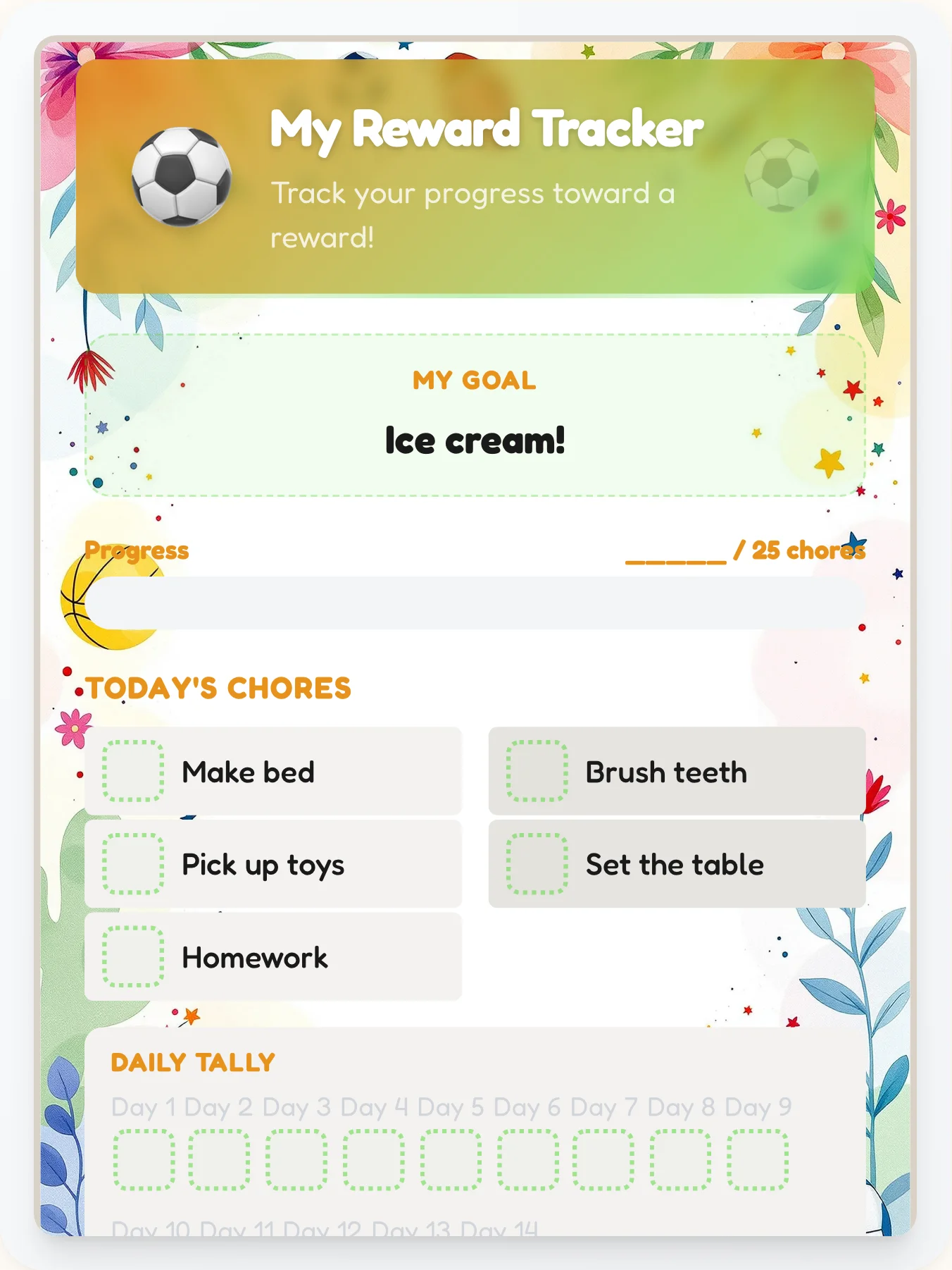 Golden Sports Goal Chart - printable sports chore chart