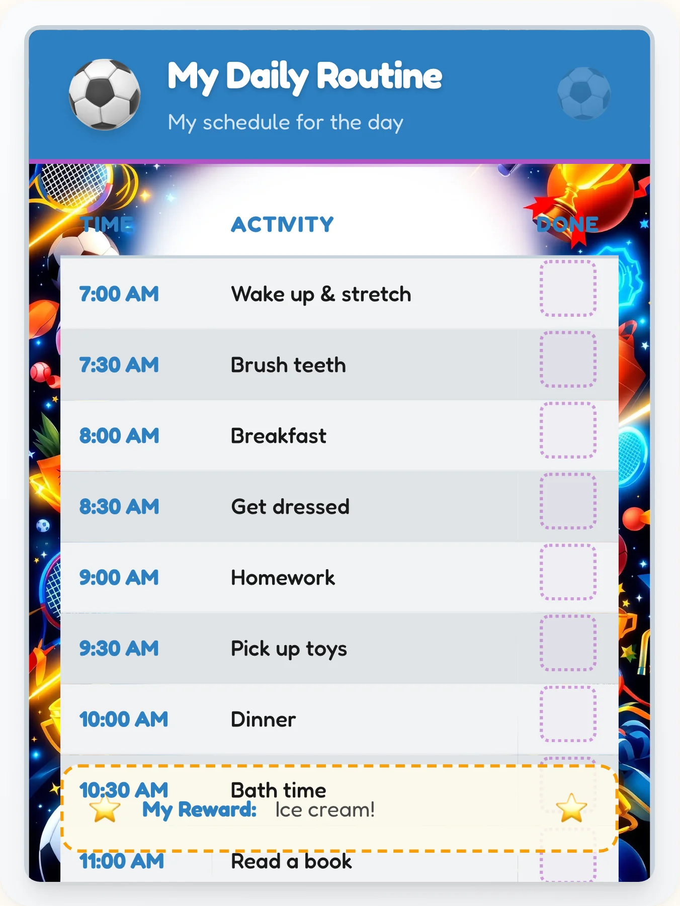 Joyful Sports Daily Routine - printable sports chore chart