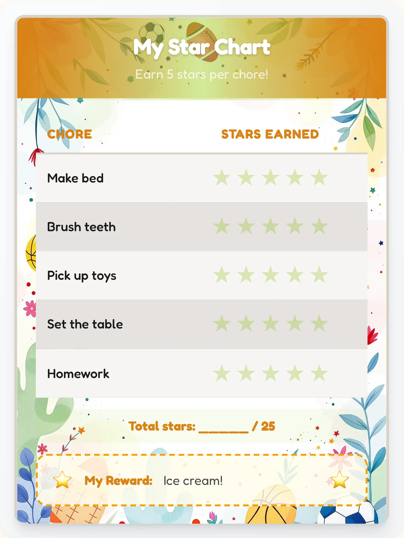 Golden Sports Star Tracker - printable sports chore chart