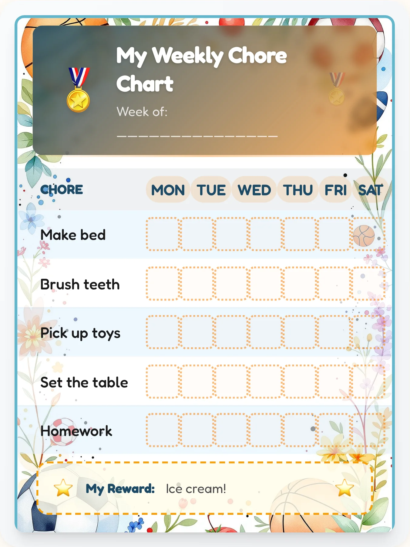 Champion Lineup Chore Chart - printable sports chore chart