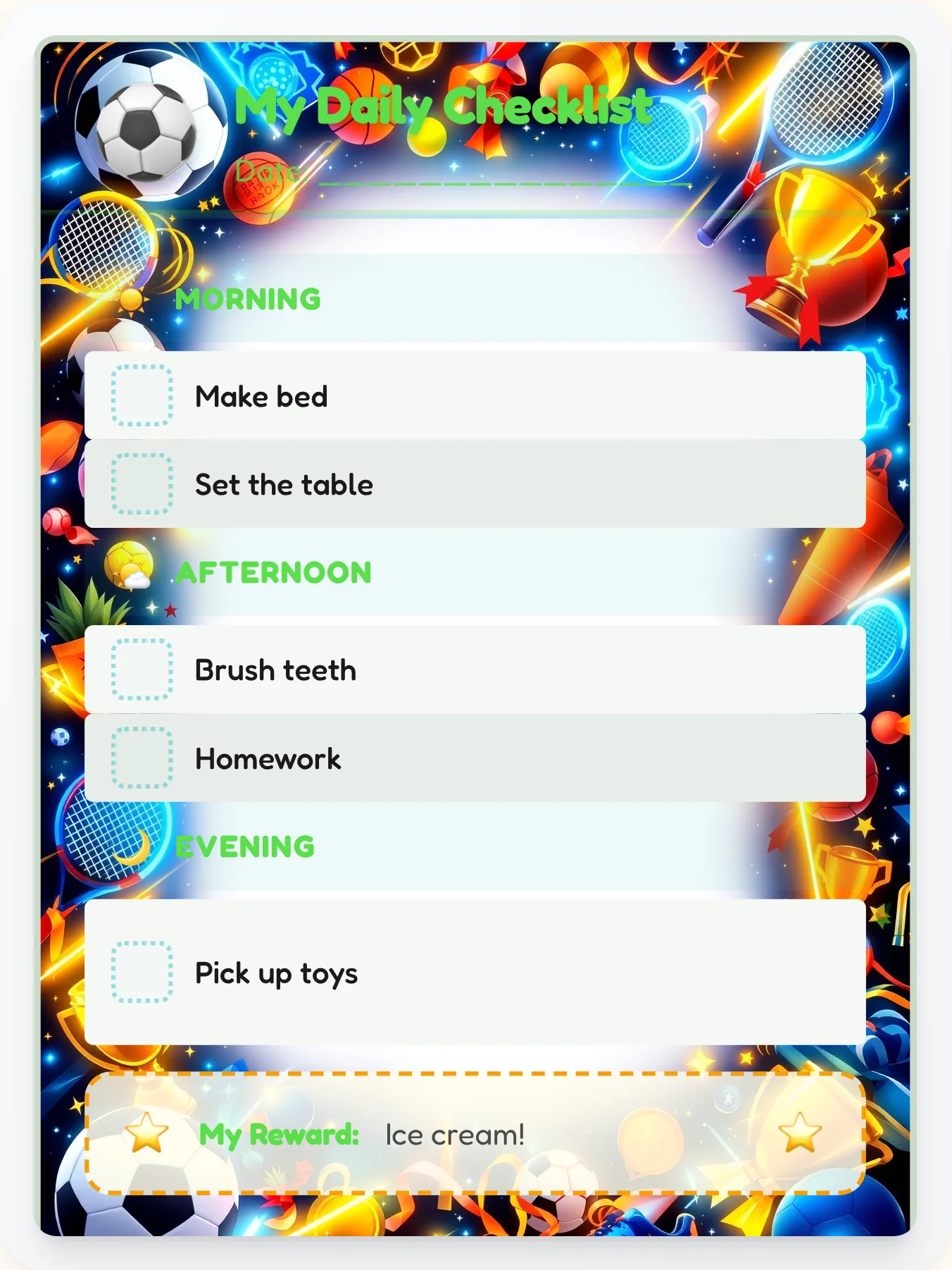 Tender Sports To-Do Chart - printable sports chore chart