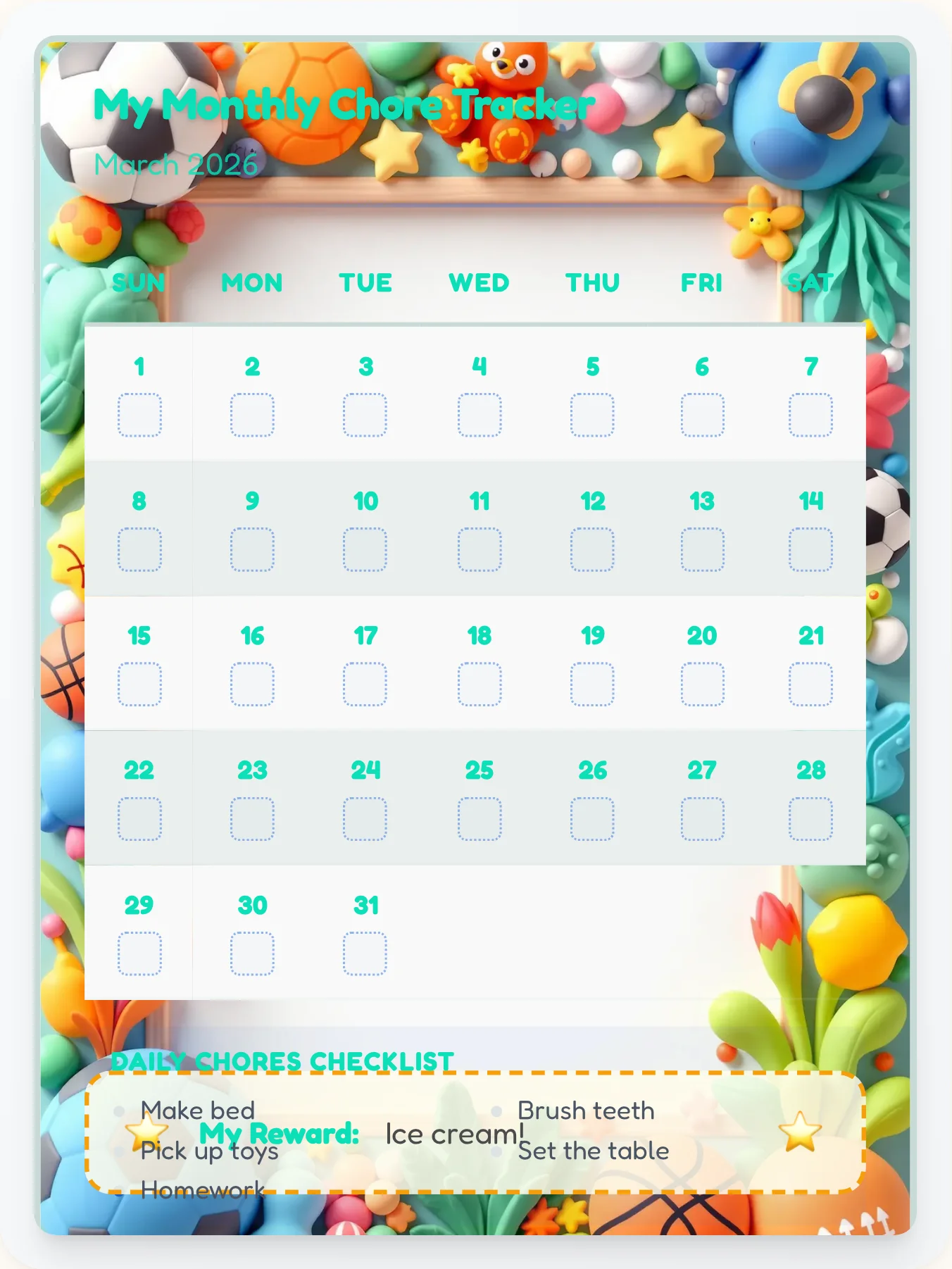 Funky Sports Month View - printable sports chore chart