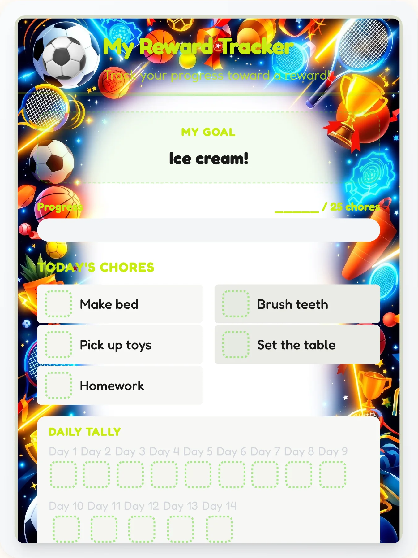 Misty Sports Reward Board - printable sports chore chart