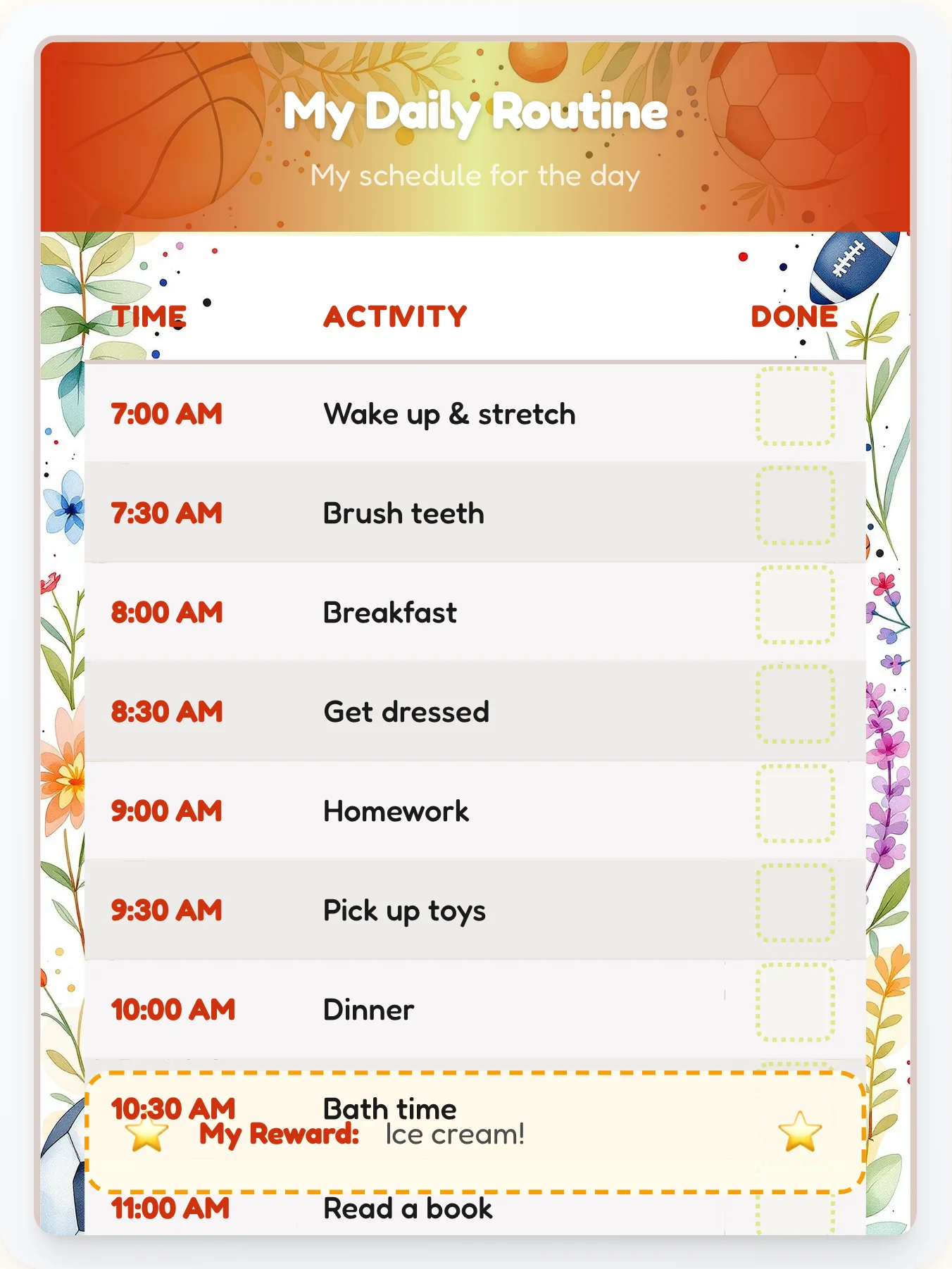 Cozy Sports Daily Routine — Free Printable Routine Schedule Template - printable sports chore chart