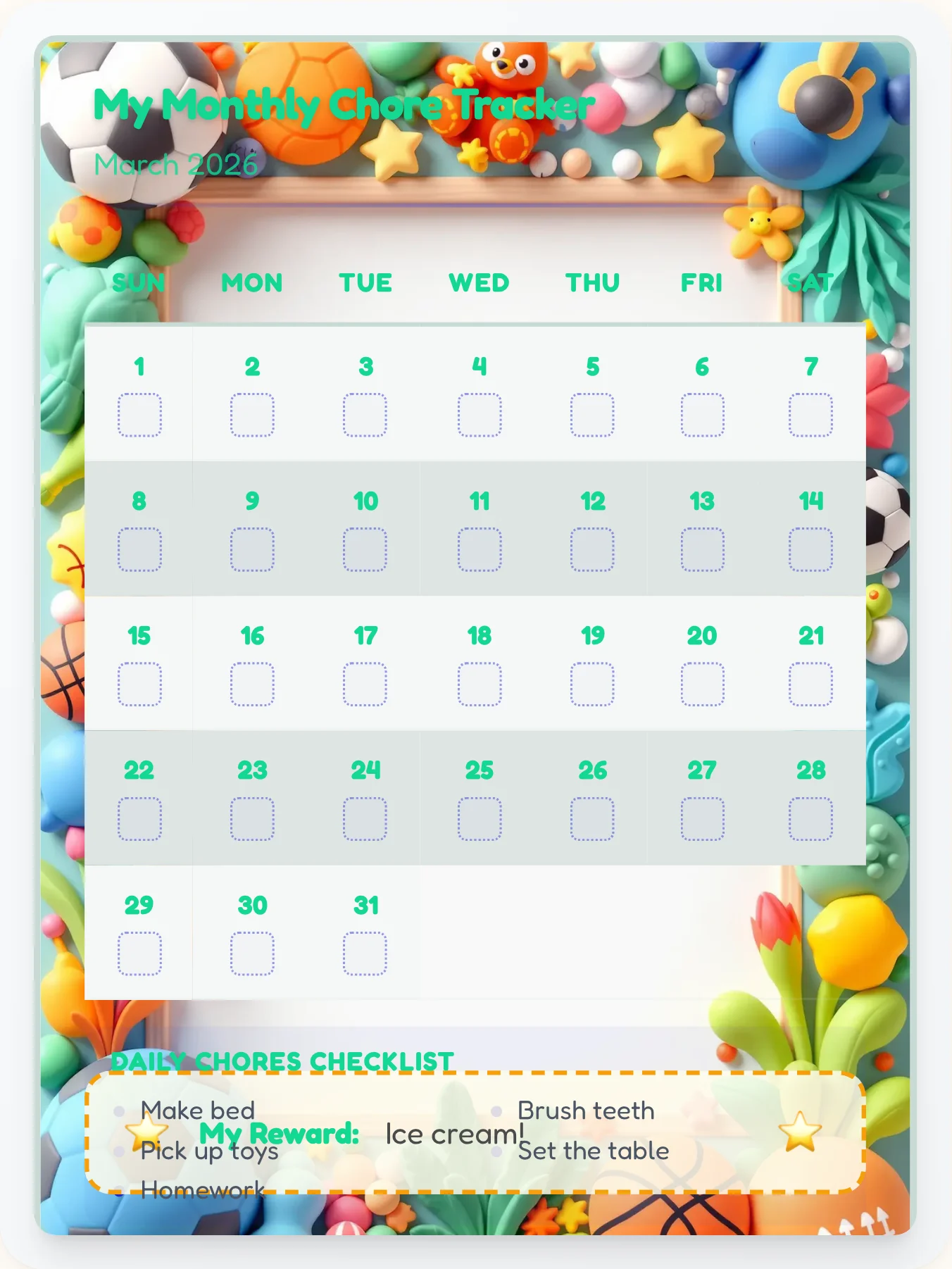 Dainty Sports Month View - printable sports chore chart