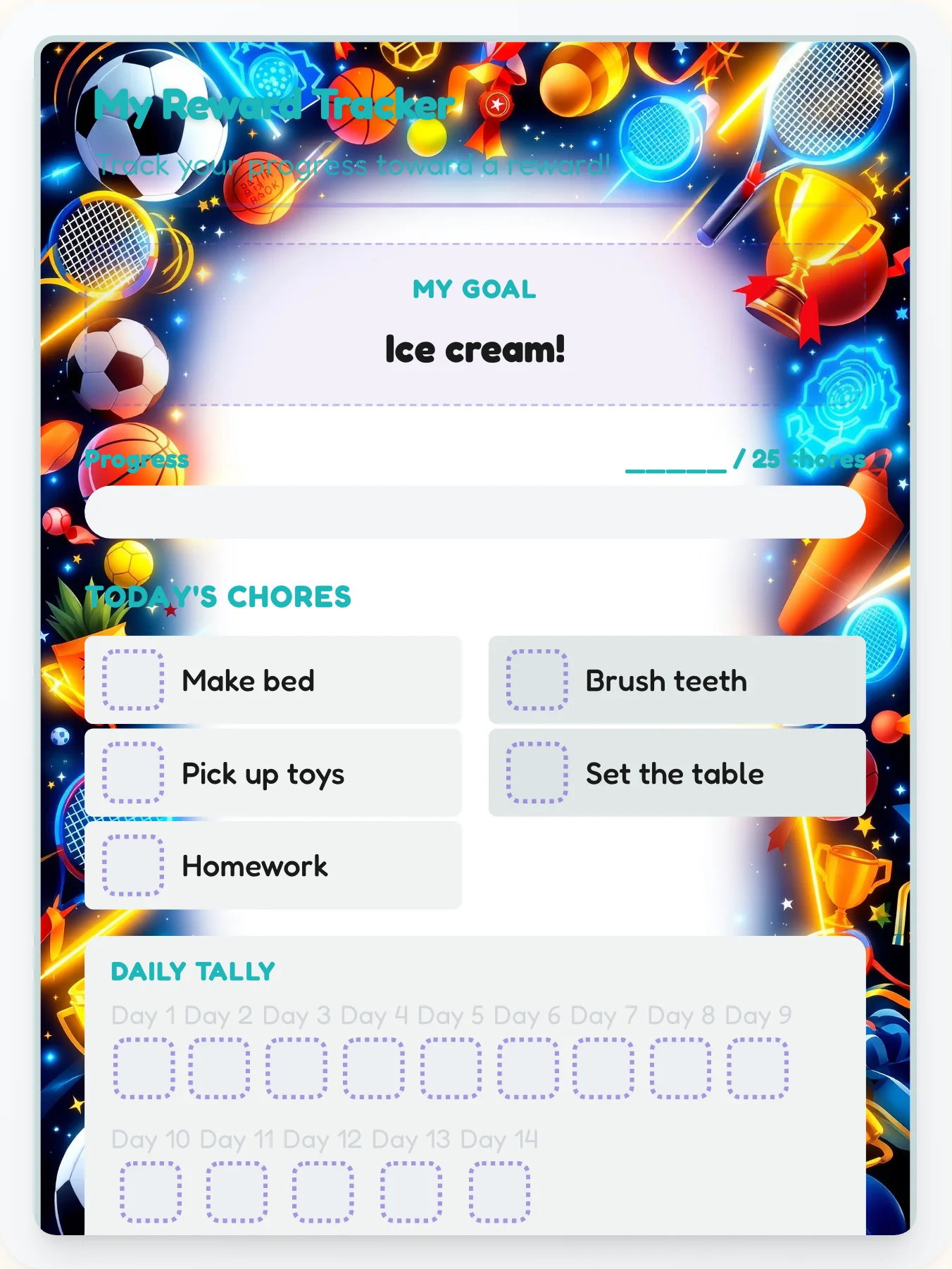 Gentle Sports Achievement Board - printable sports chore chart