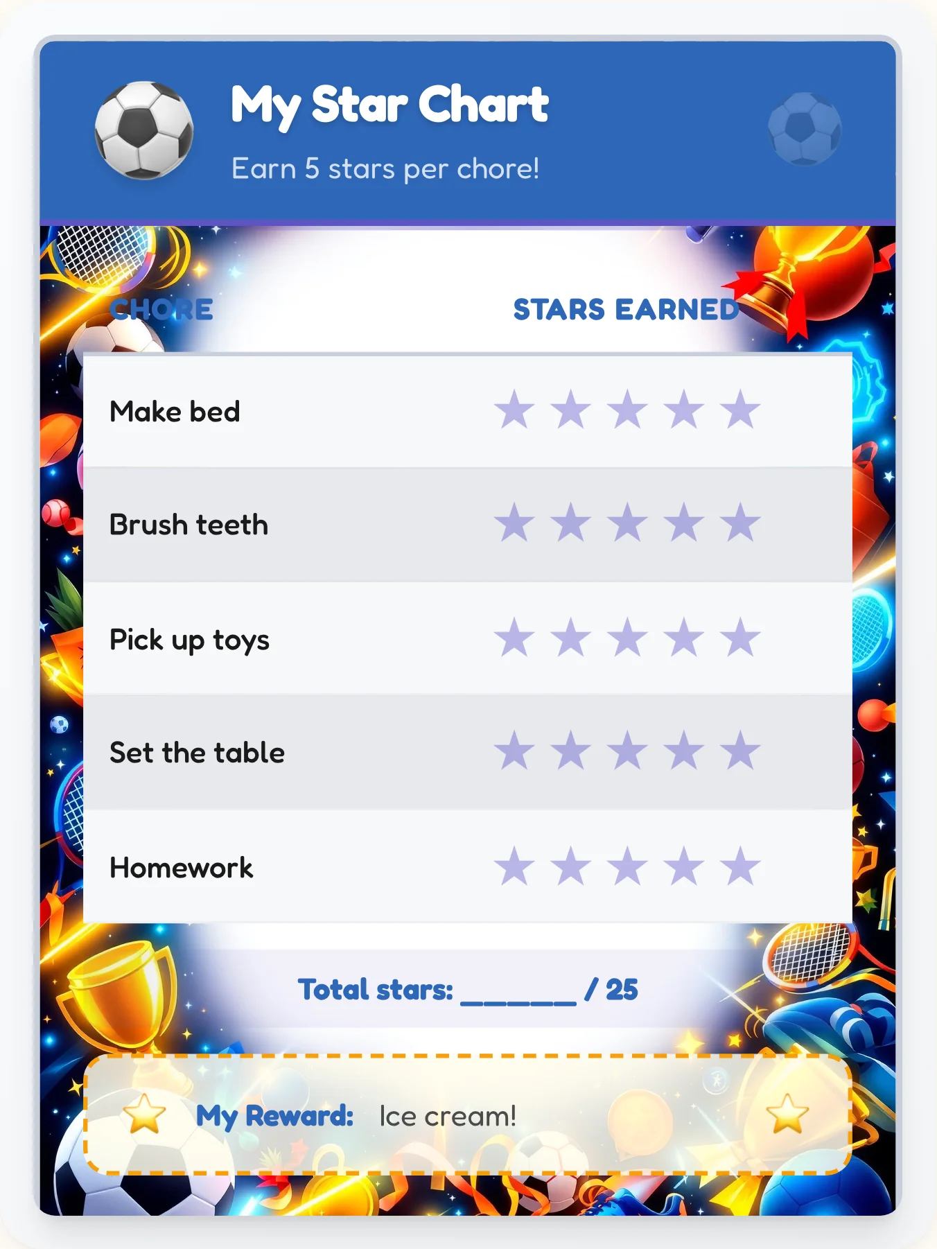 Kind Sports Star Tracker - printable sports chore chart
