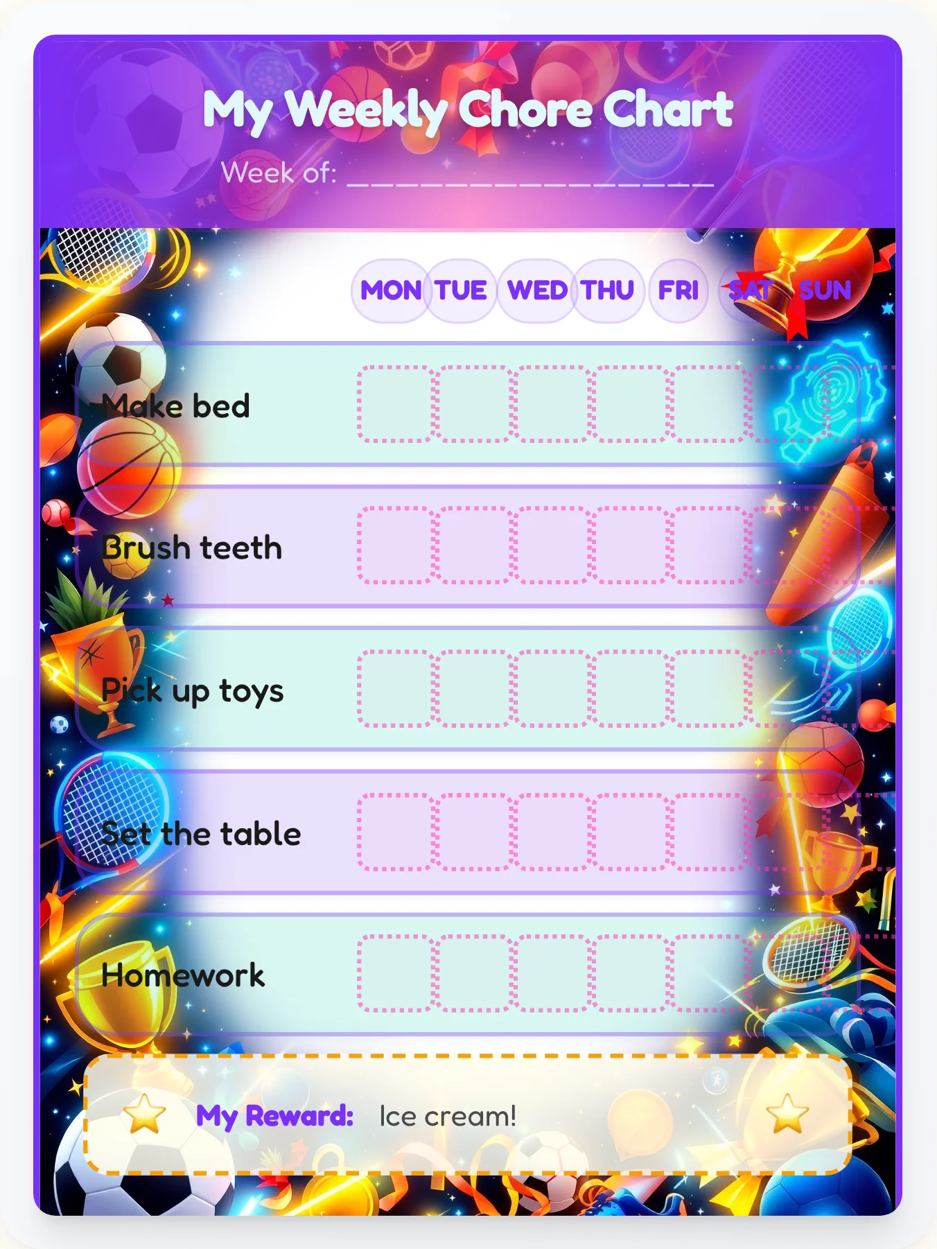 Aurora Rush Chore Chart - printable sports chore chart