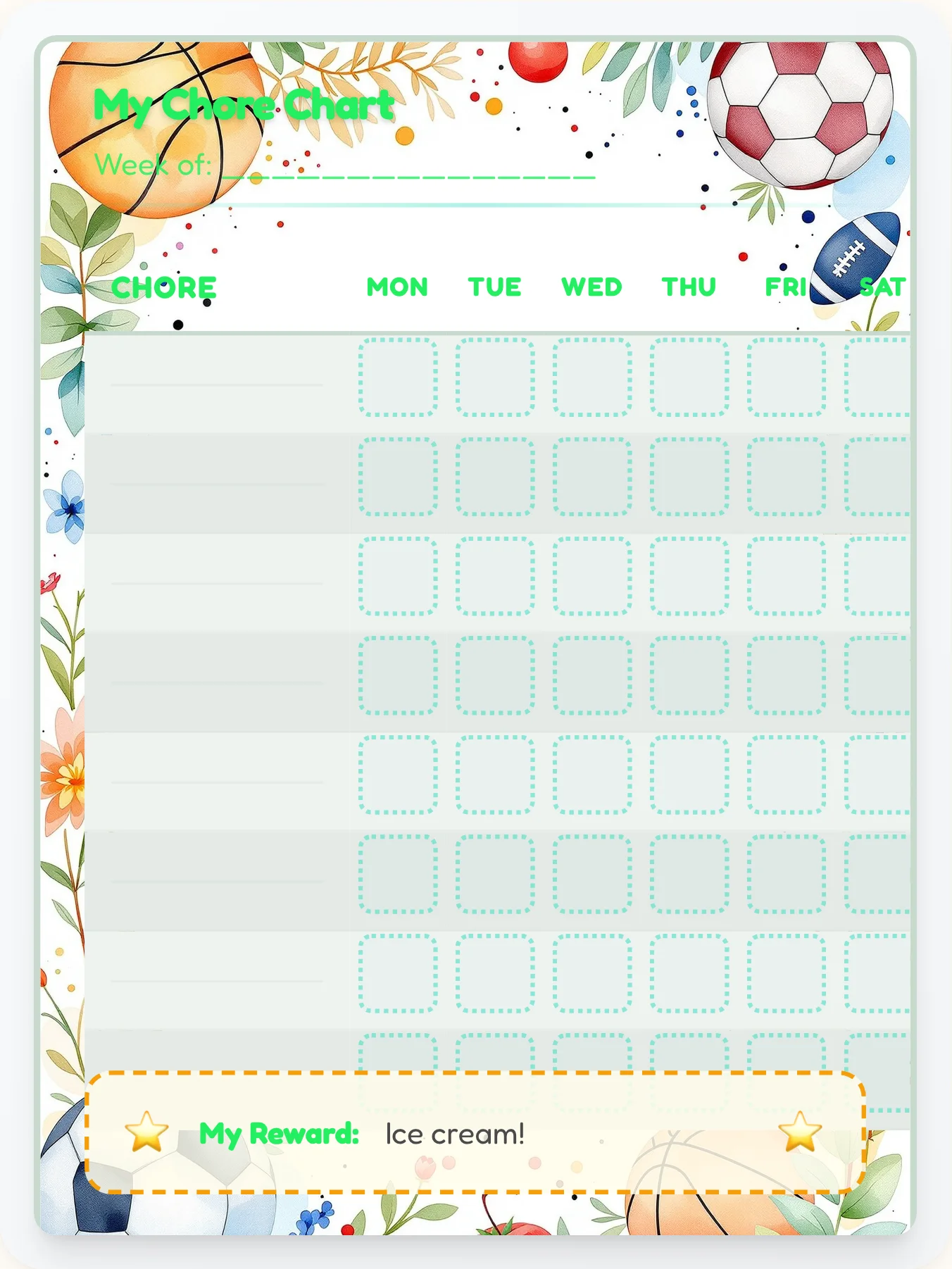 Zen Sports Free Form - printable sports chore chart