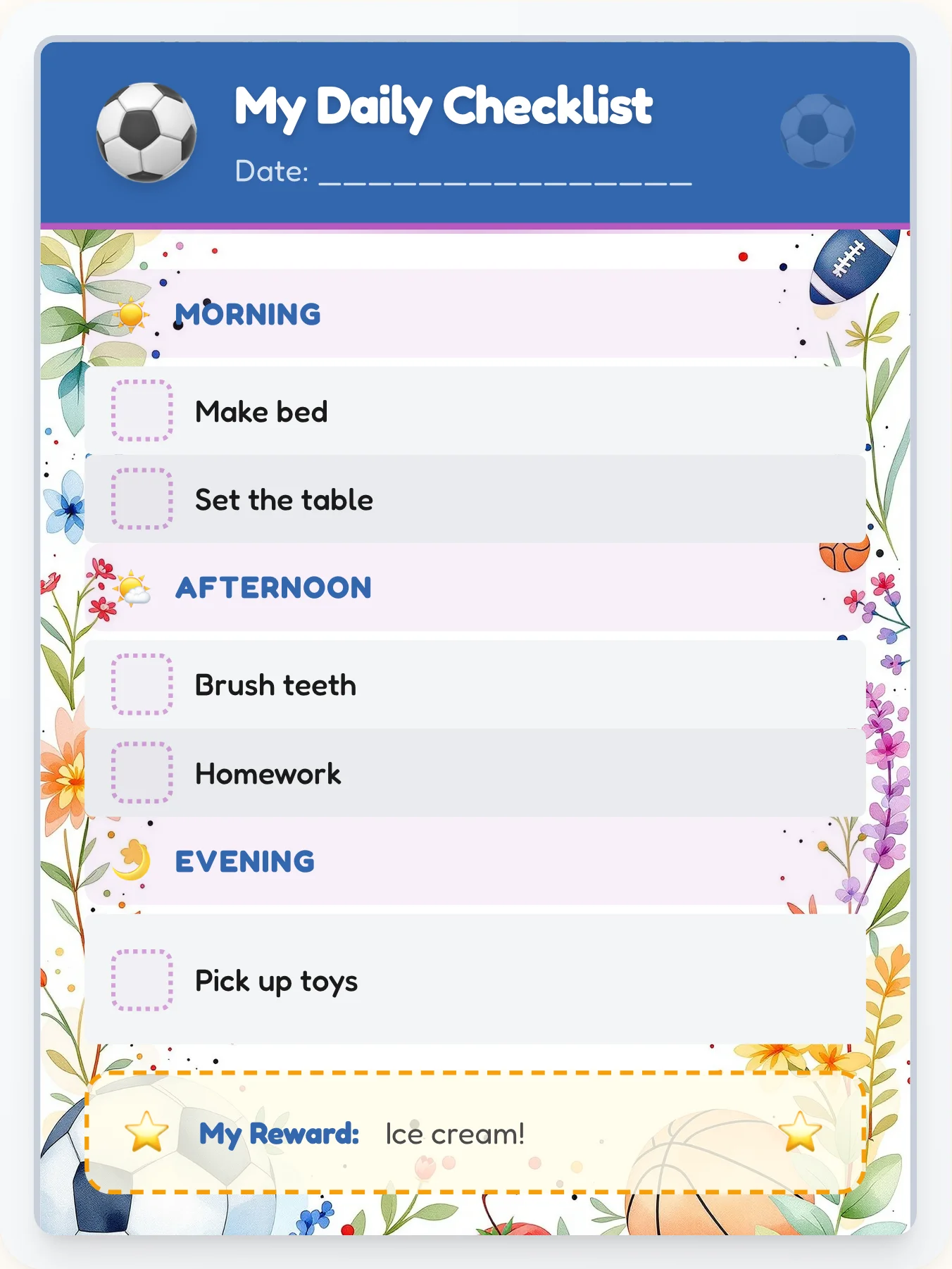 Kind Sports Checklist - printable sports chore chart